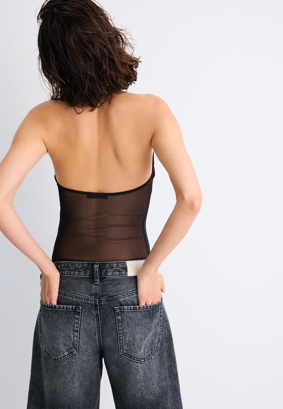 Stradivarius Mesh Halter Bodysuit Black L