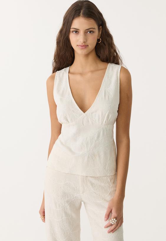 embroidered linen blend top