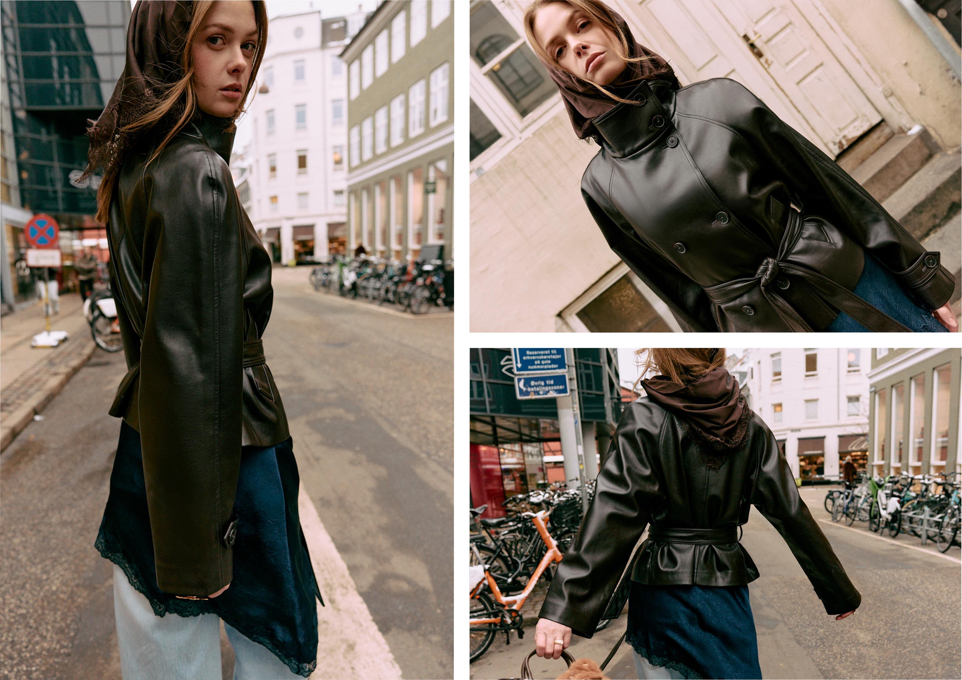 High neck leather effect trench coat — Brown