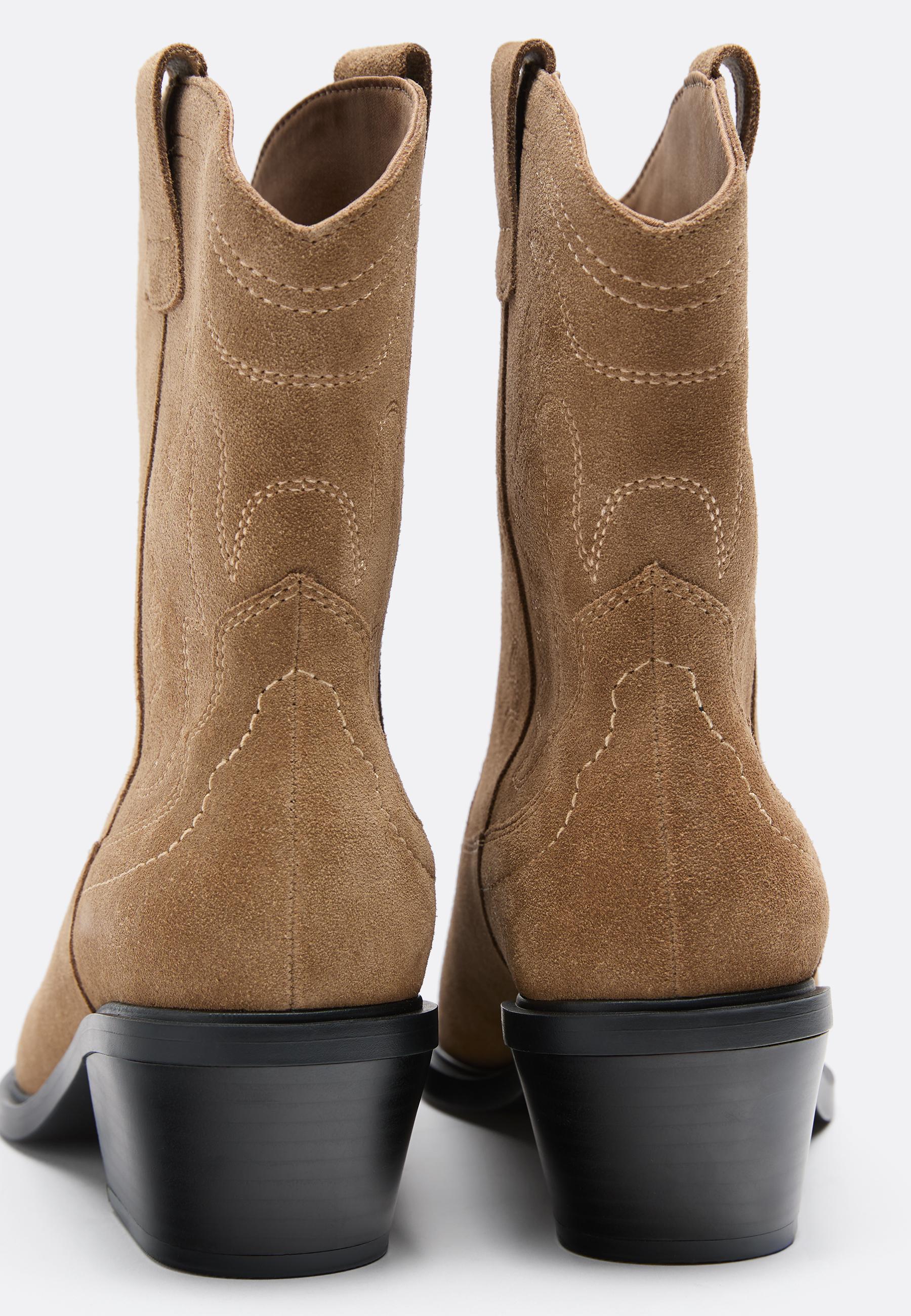 Split leather cowboy ankle boots — BEIGE
