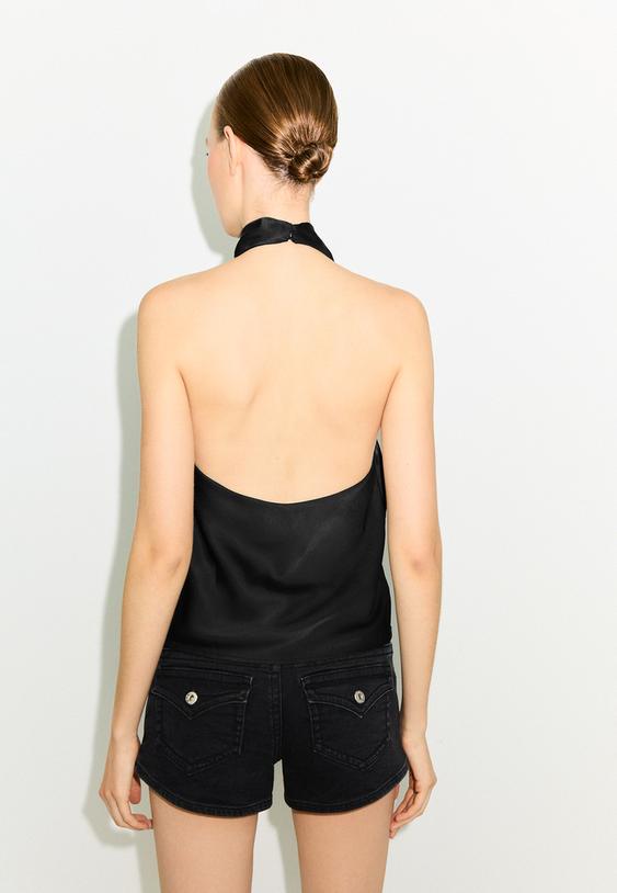 Stradivarius Satin Effect Halter Top Black S