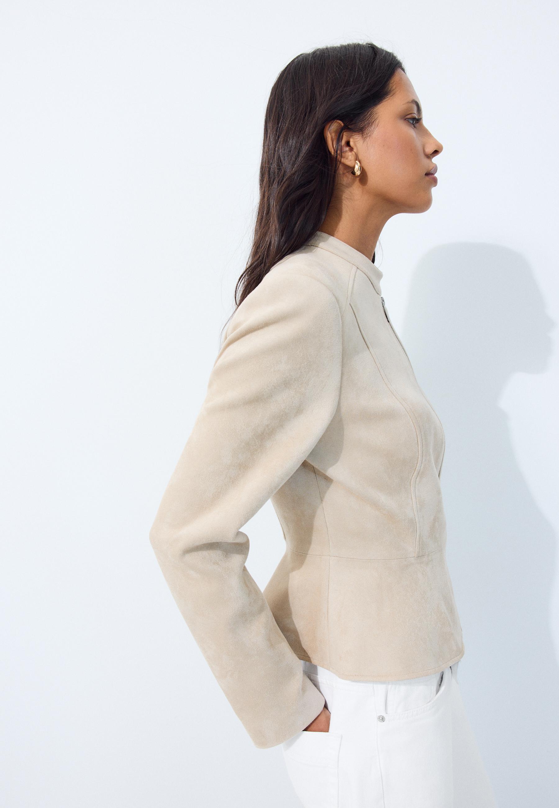 Fitted faux suede peplum jacket — Ecru