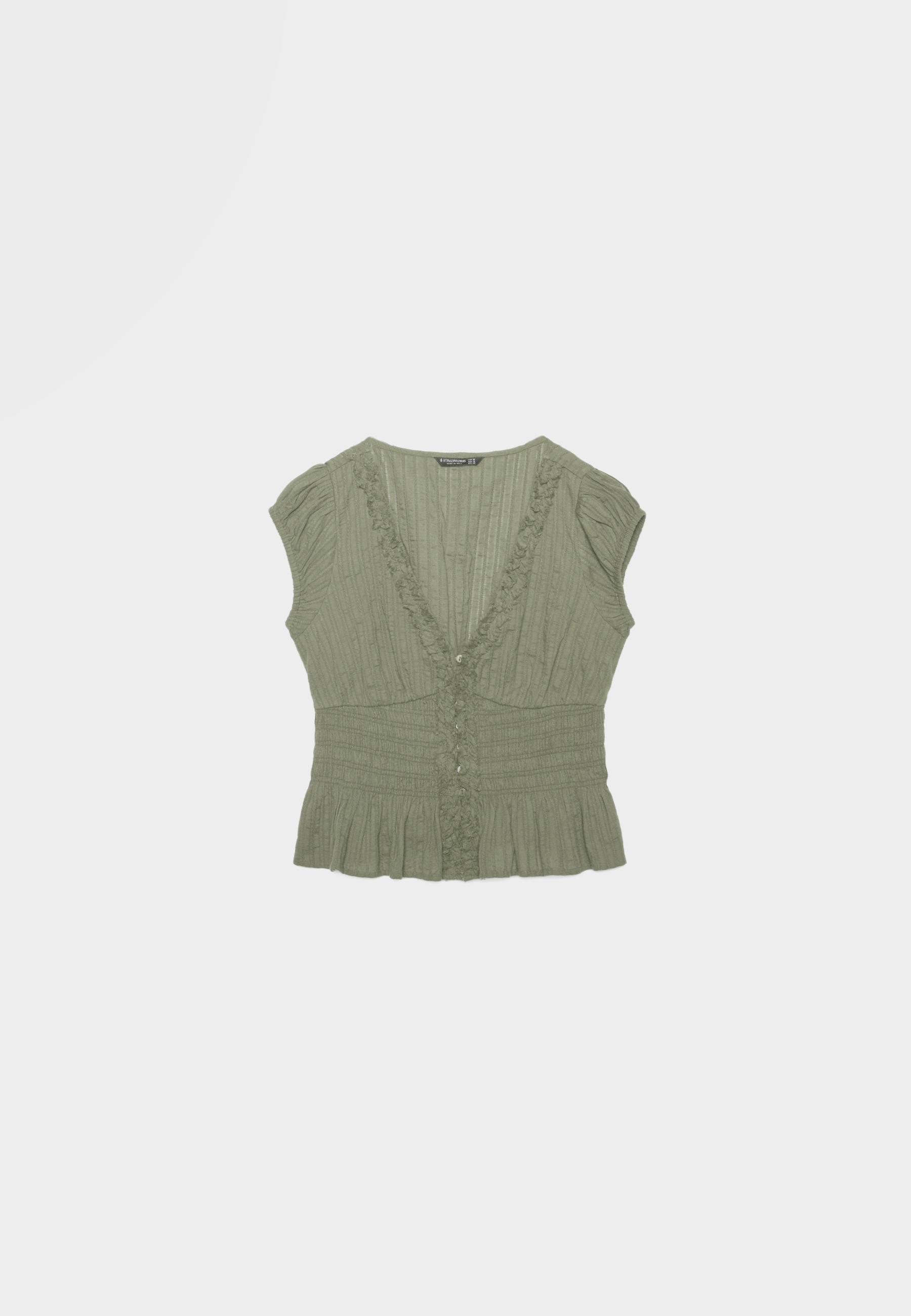 Short sleeve shirred shirt — Khaki