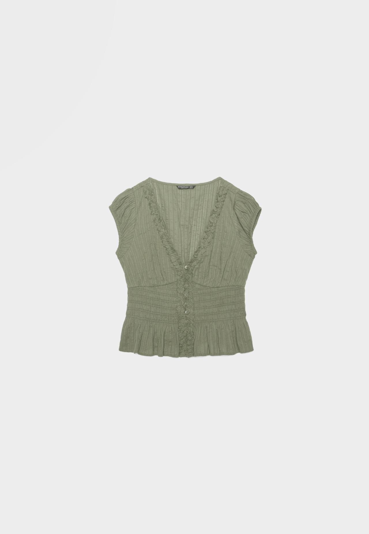 Short sleeve shirred shirt — Khaki