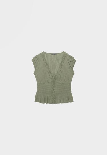 Short sleeve shirred shirt — Khaki 7