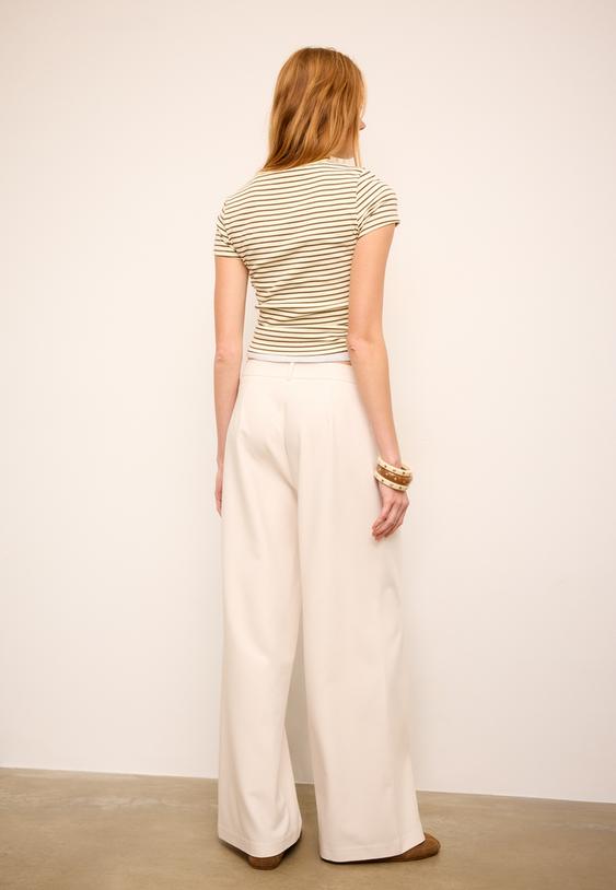 calcas de vestir casuais com cintura cruzada as riscas