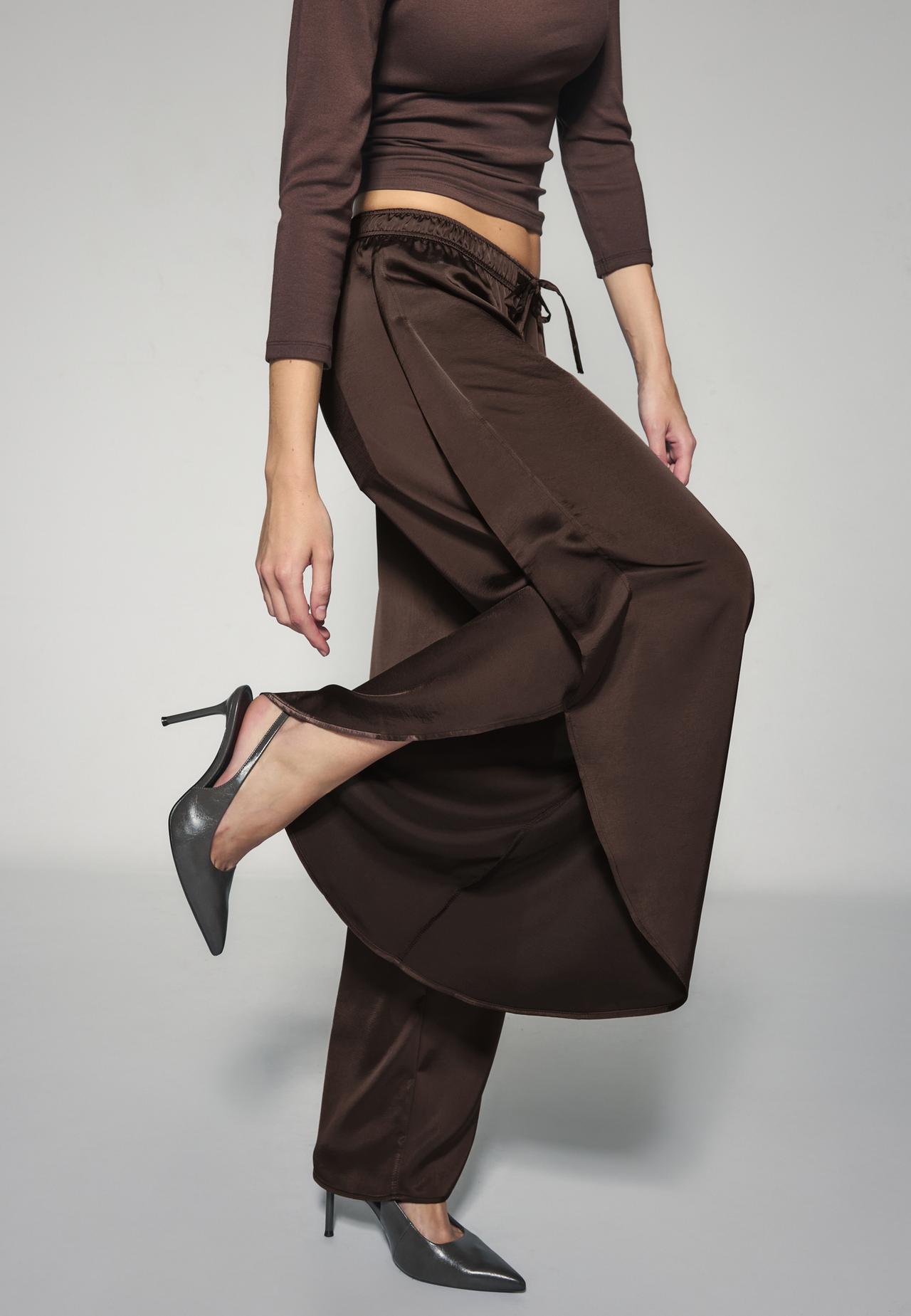 Satin trousers with split — Brown