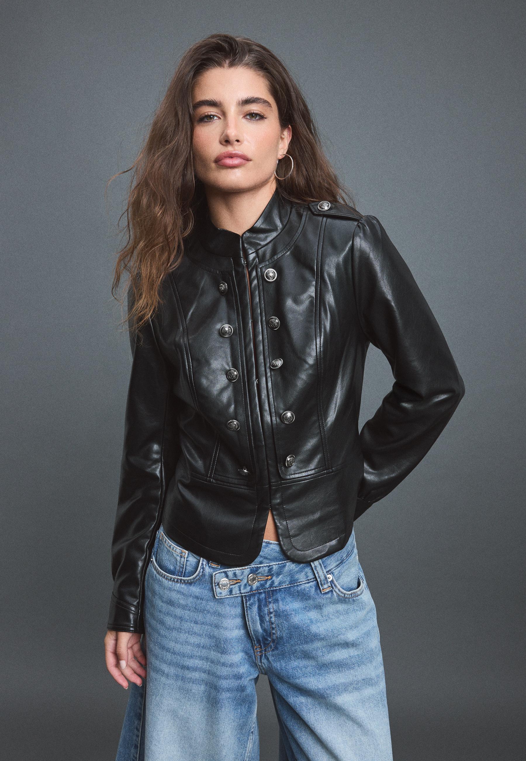Leather effect blazer with engraved buttons — Black