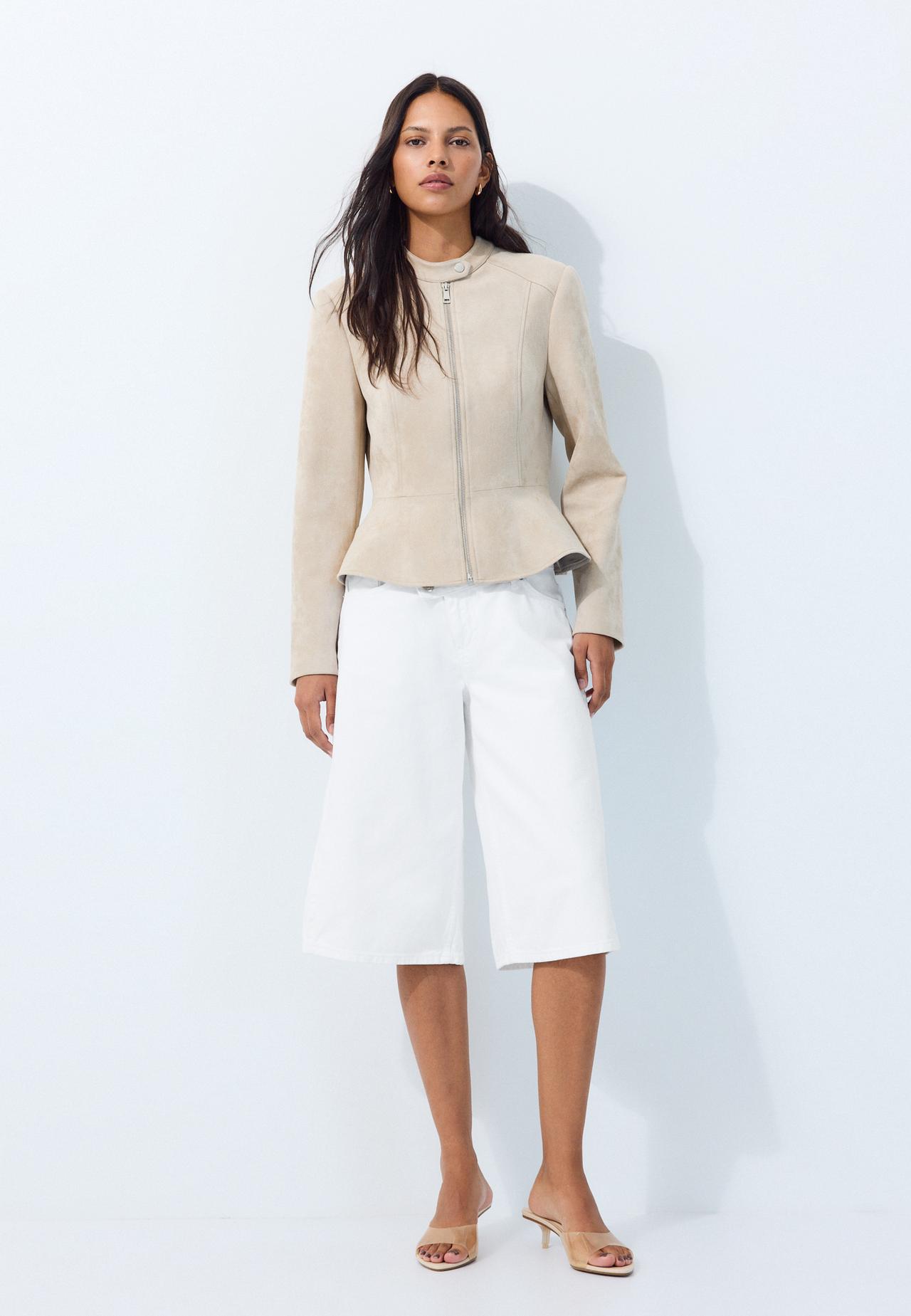 Fitted faux suede peplum jacket — Ecru
