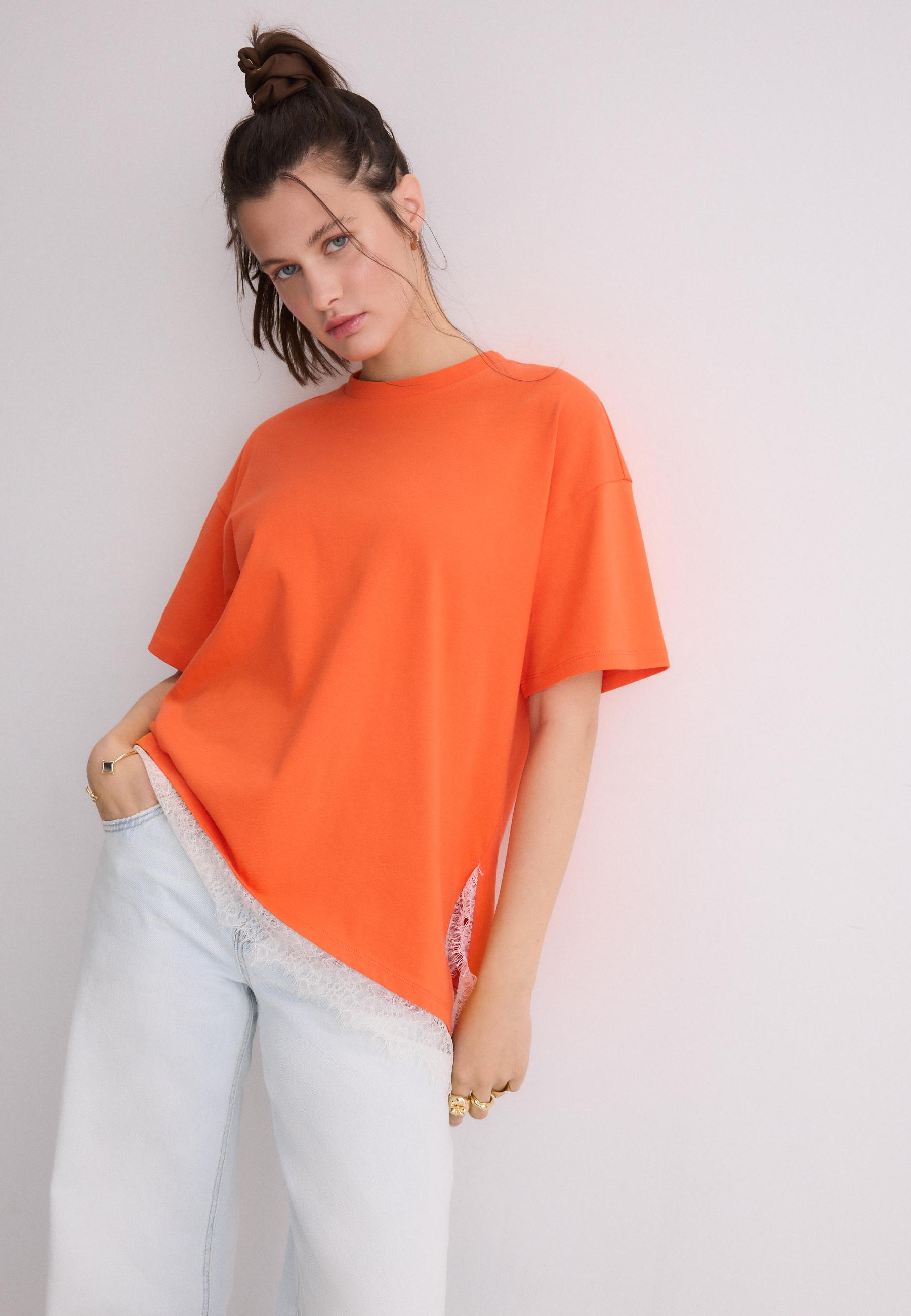 Lace hem short sleeve T-shirt — Orange
