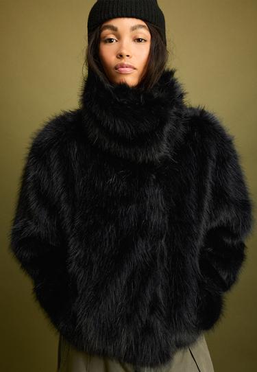 Basic high neck faux fur jacket — Black 1