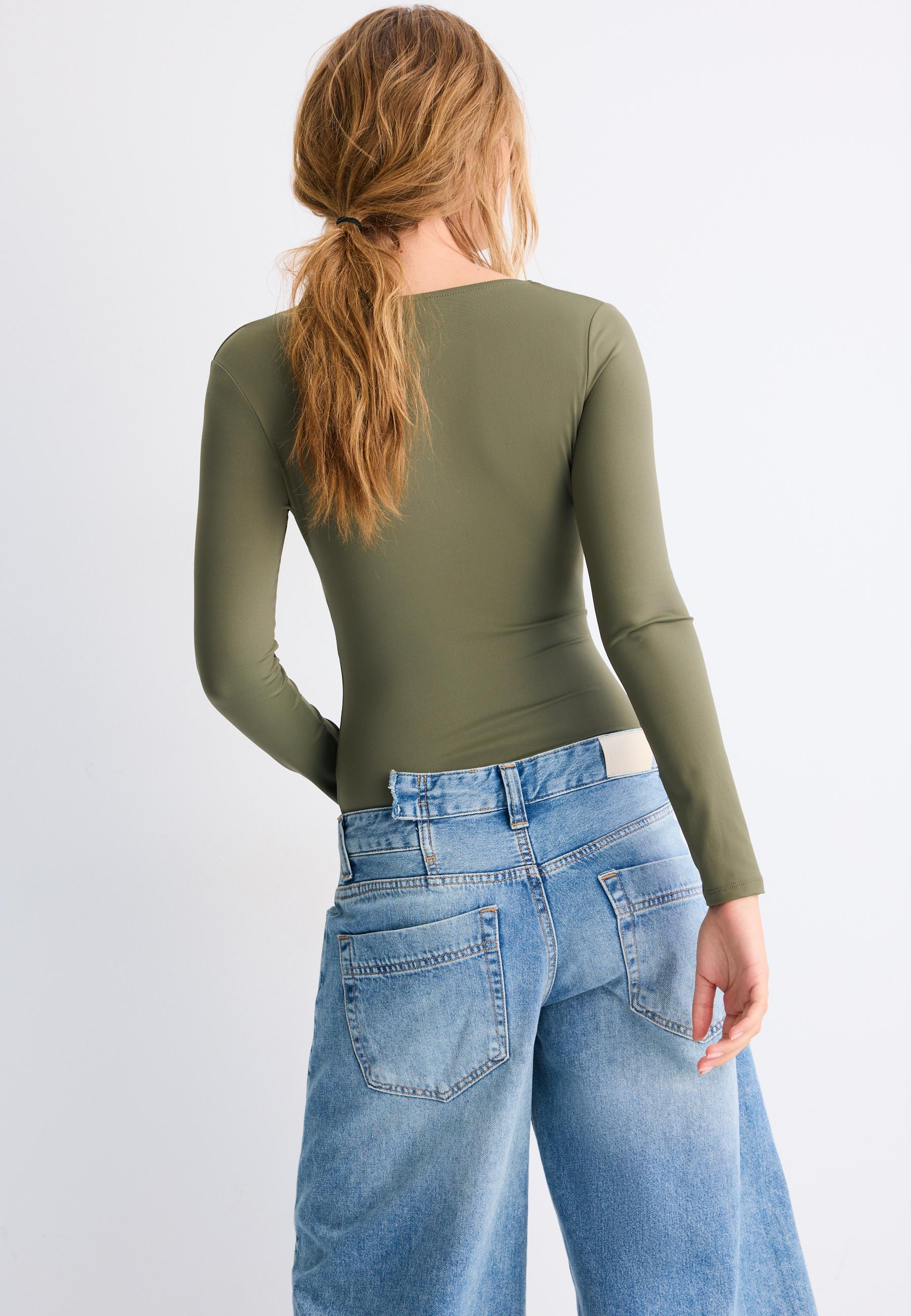 V-neck bodysuit with under-bust gathering — Khaki