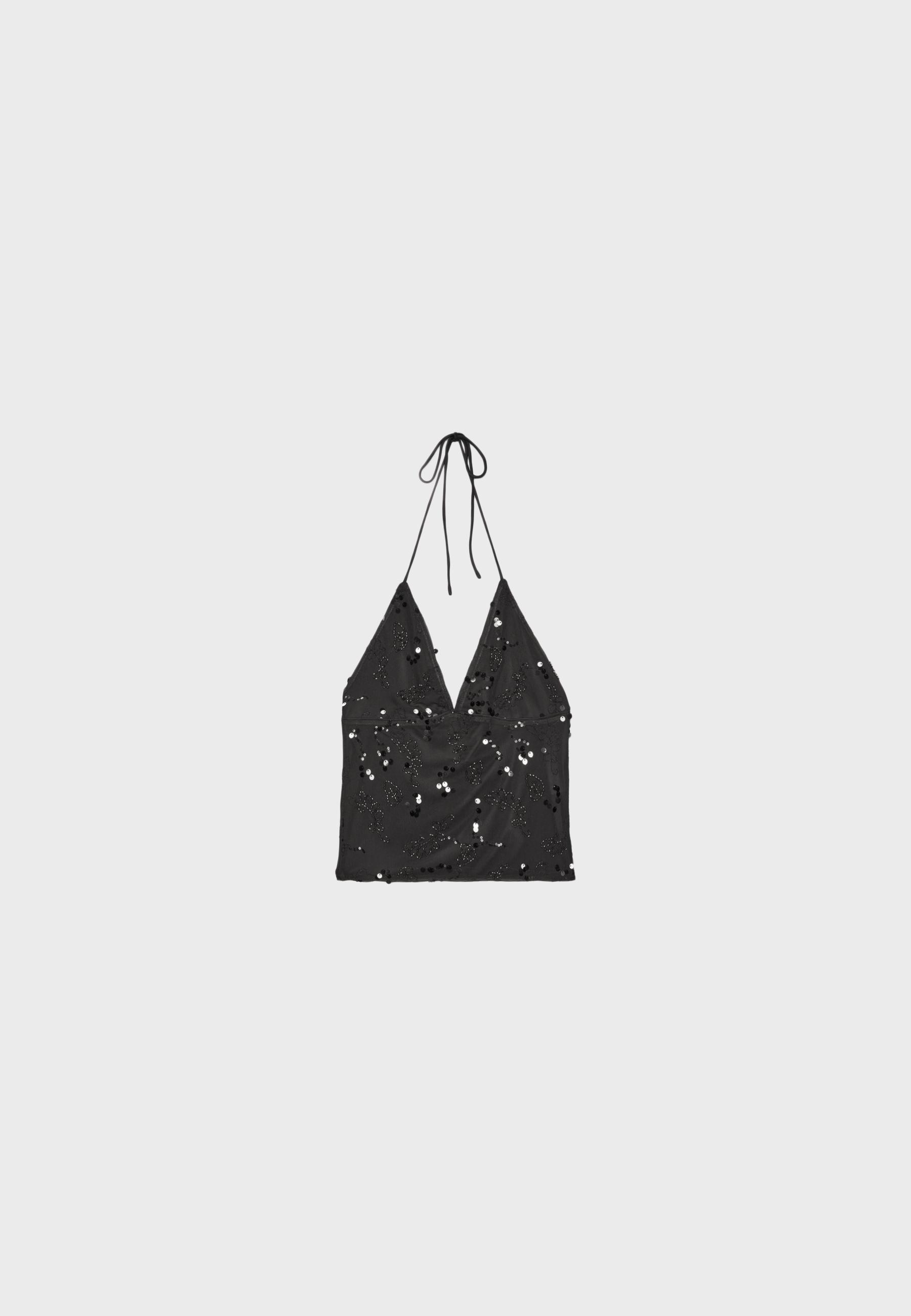 Embroidered sequin halter top — Black
