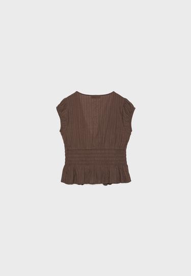 Short sleeve shirred shirt — Brown 7