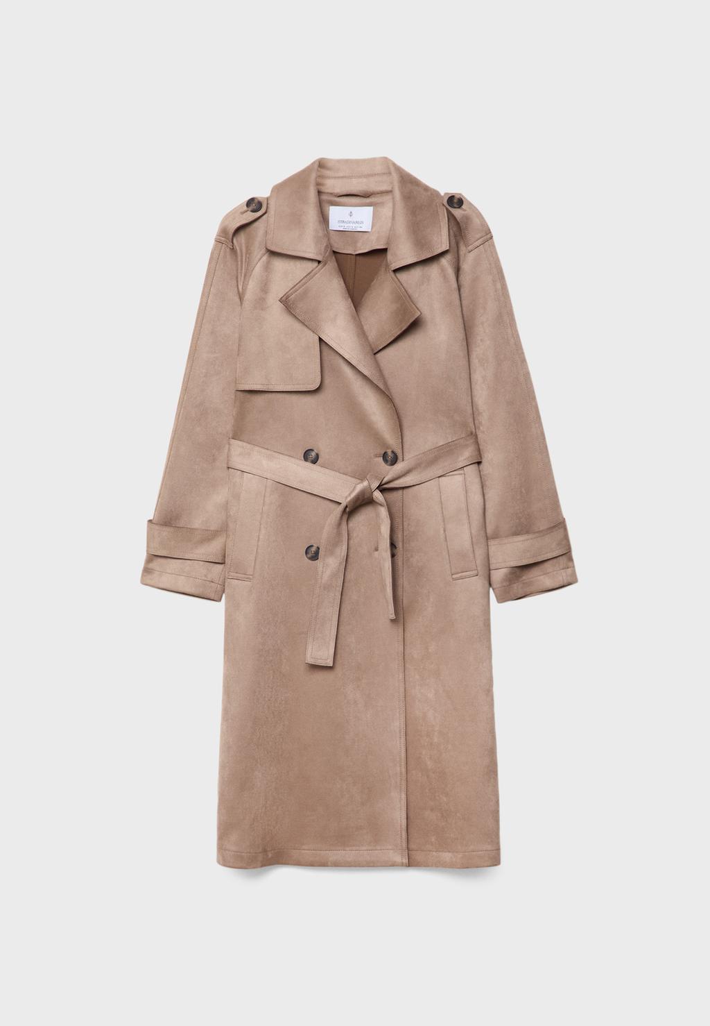 Long faux suede trench coat