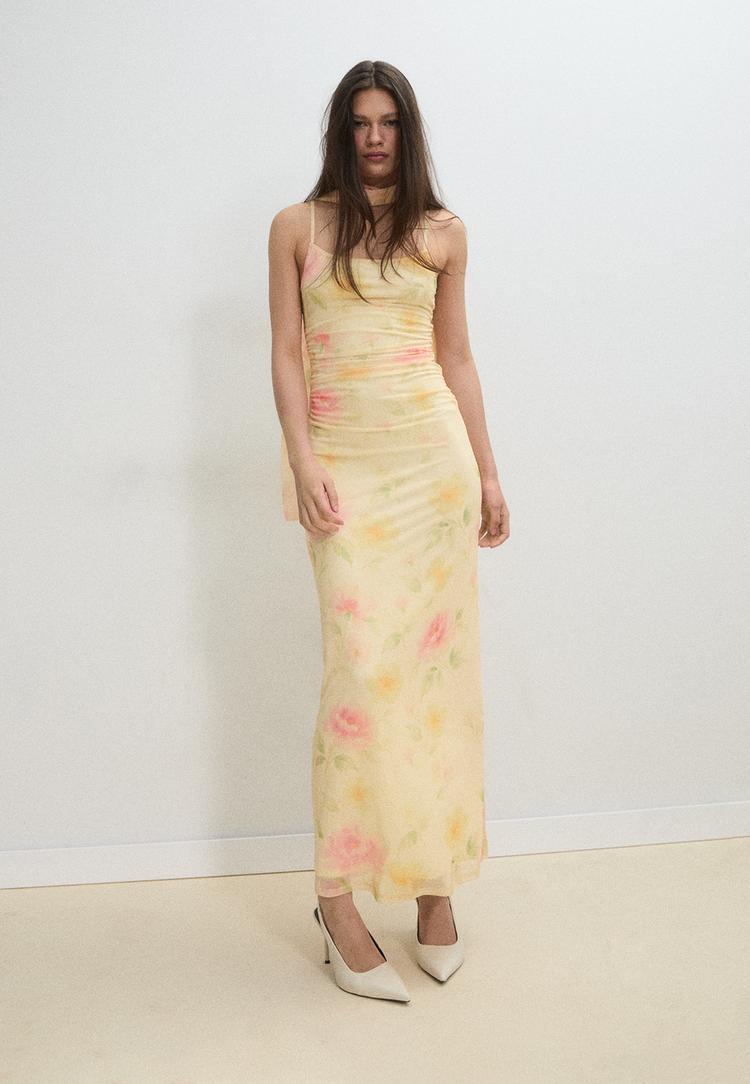 vestido estampado midi tul panuelo
