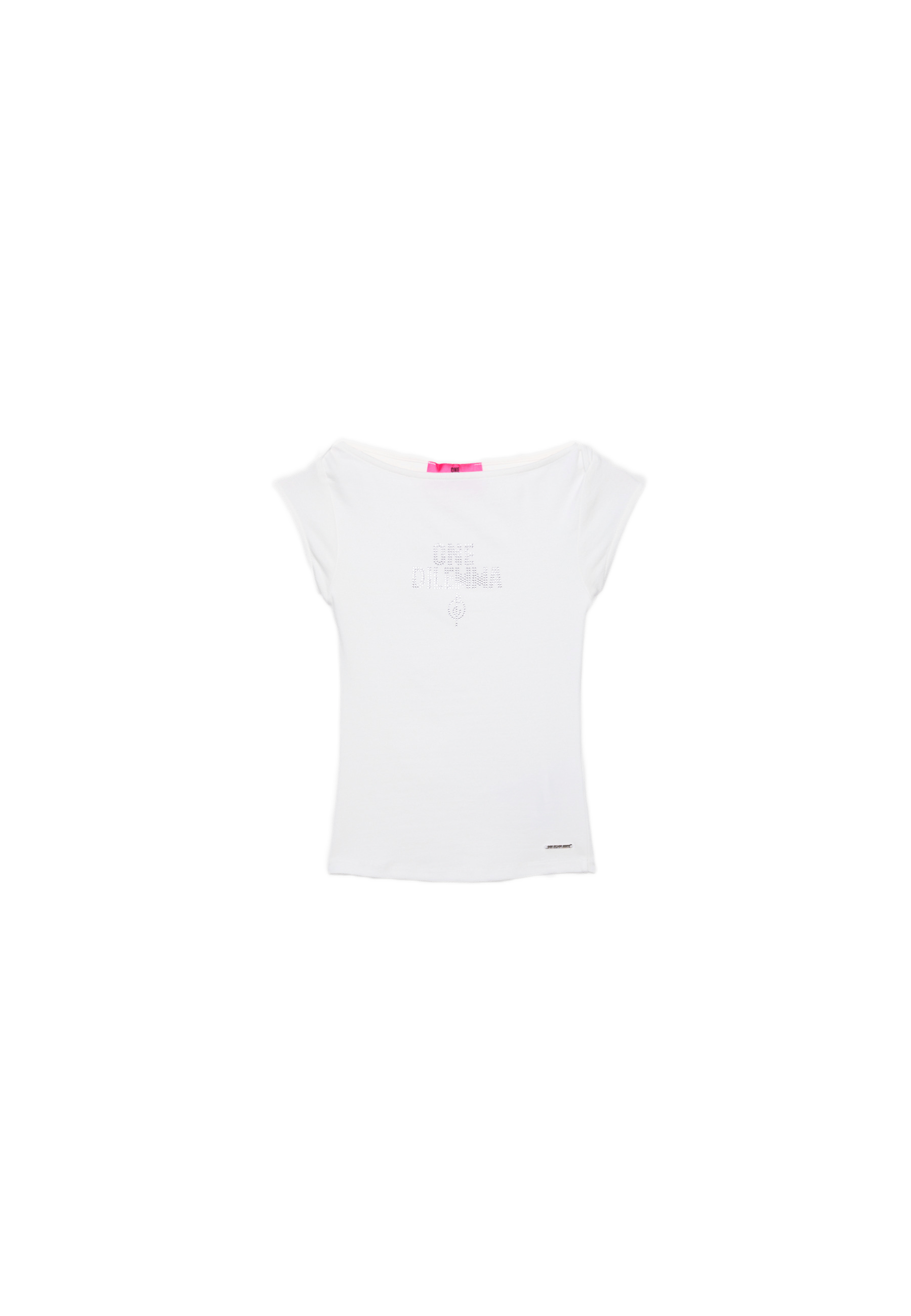 Boat neck short sleeve T-shirt with rhinestones One Dilemma — White