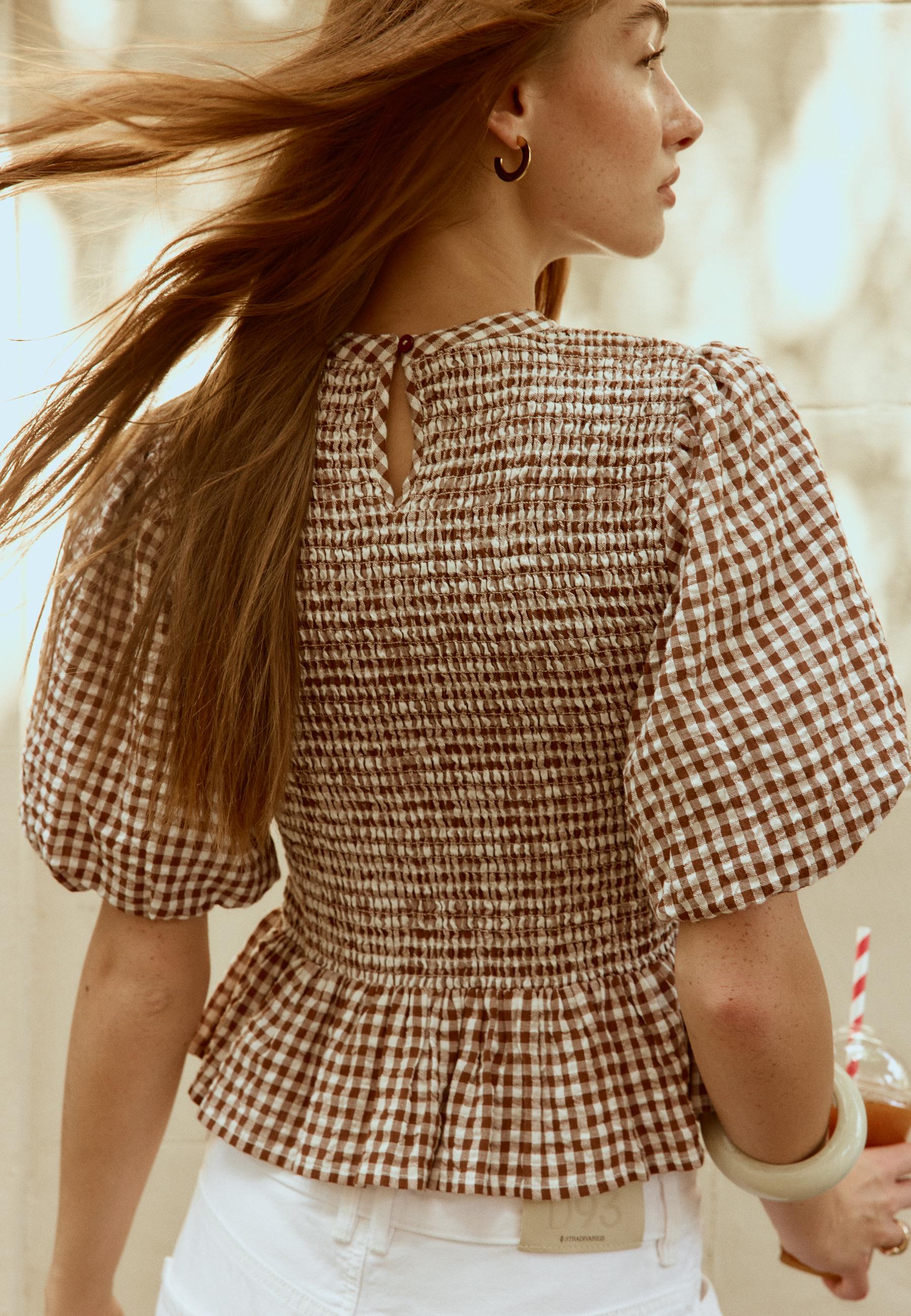 Short sleeve peplum blouse — Brown