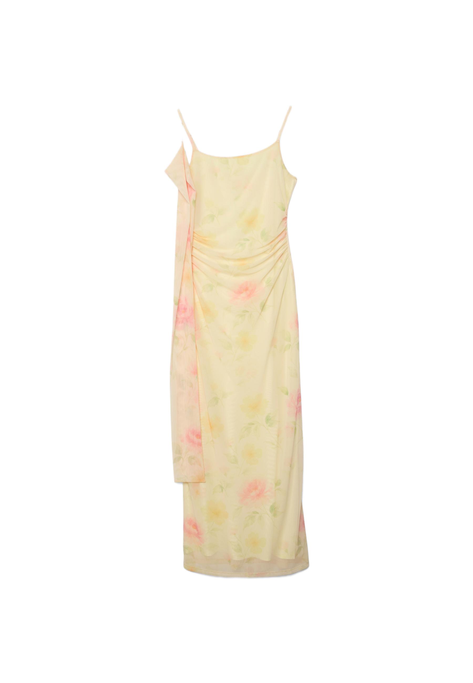 Printed tulle midi dress with scarf — Gold