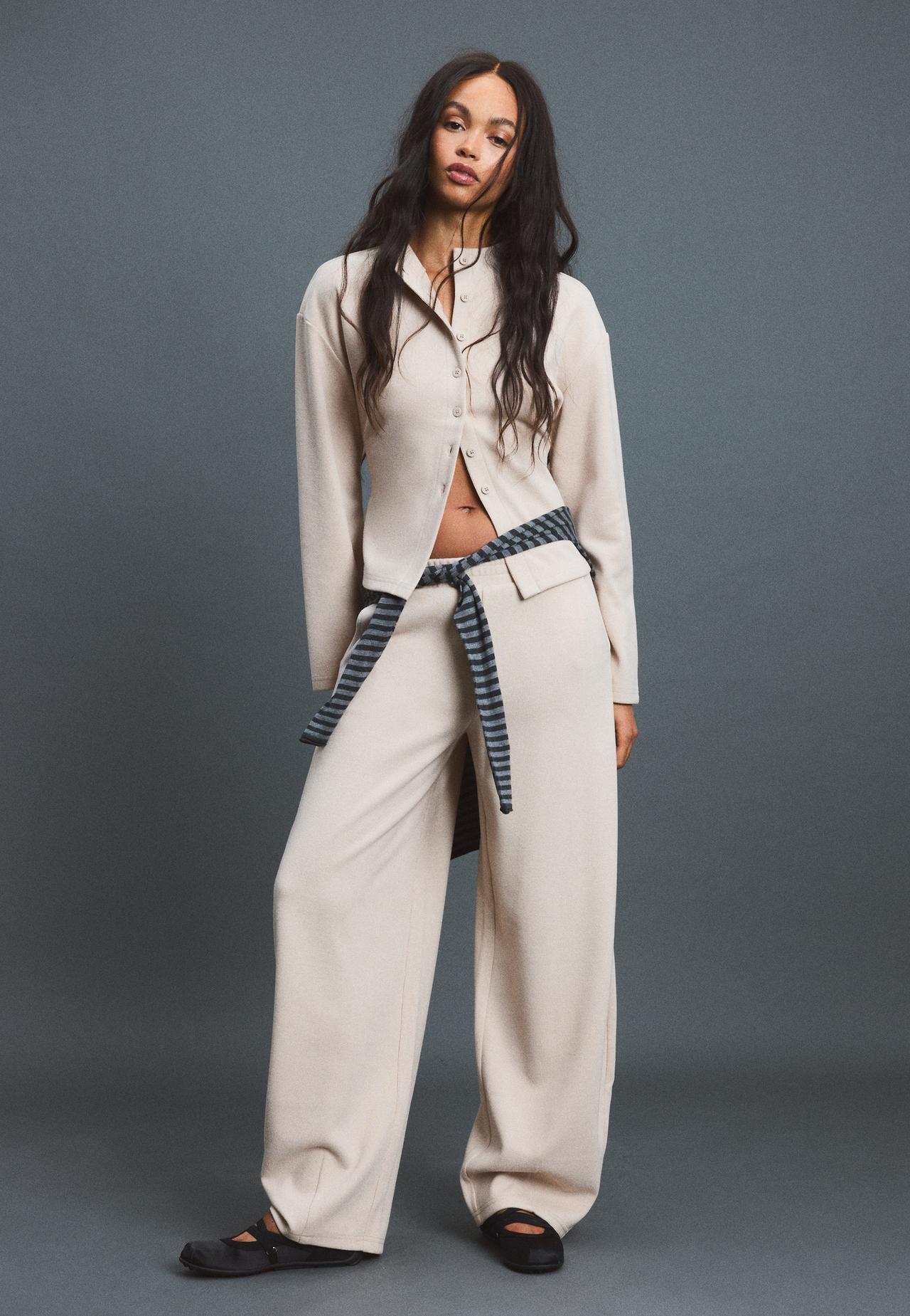 Stand collar knit cardigan — Stone
