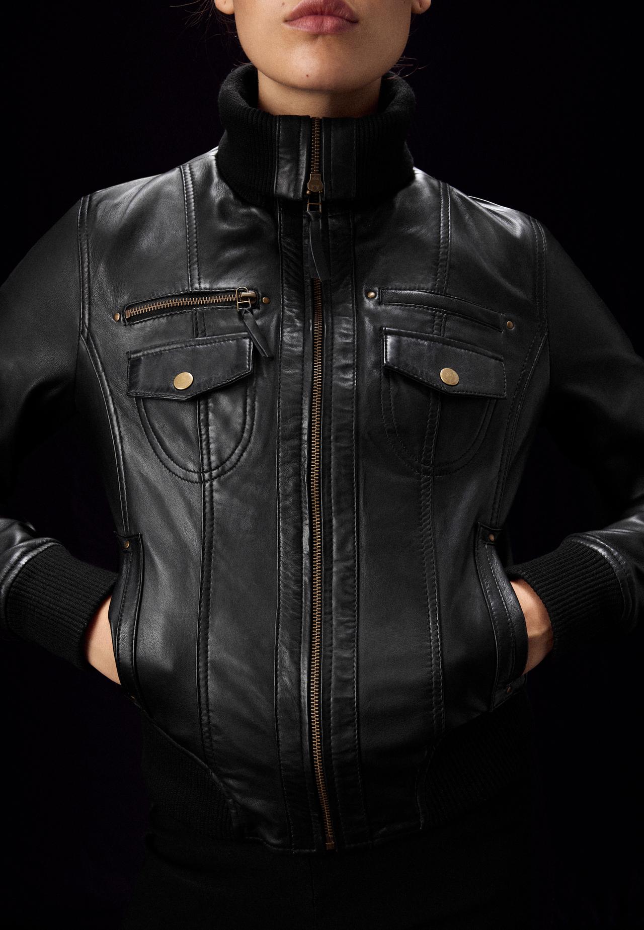 Leather jacket with ribbed trim — Black