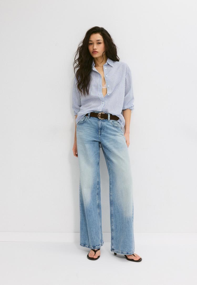 Stradivarius Košile S Lněným Efektem Dark Blue M