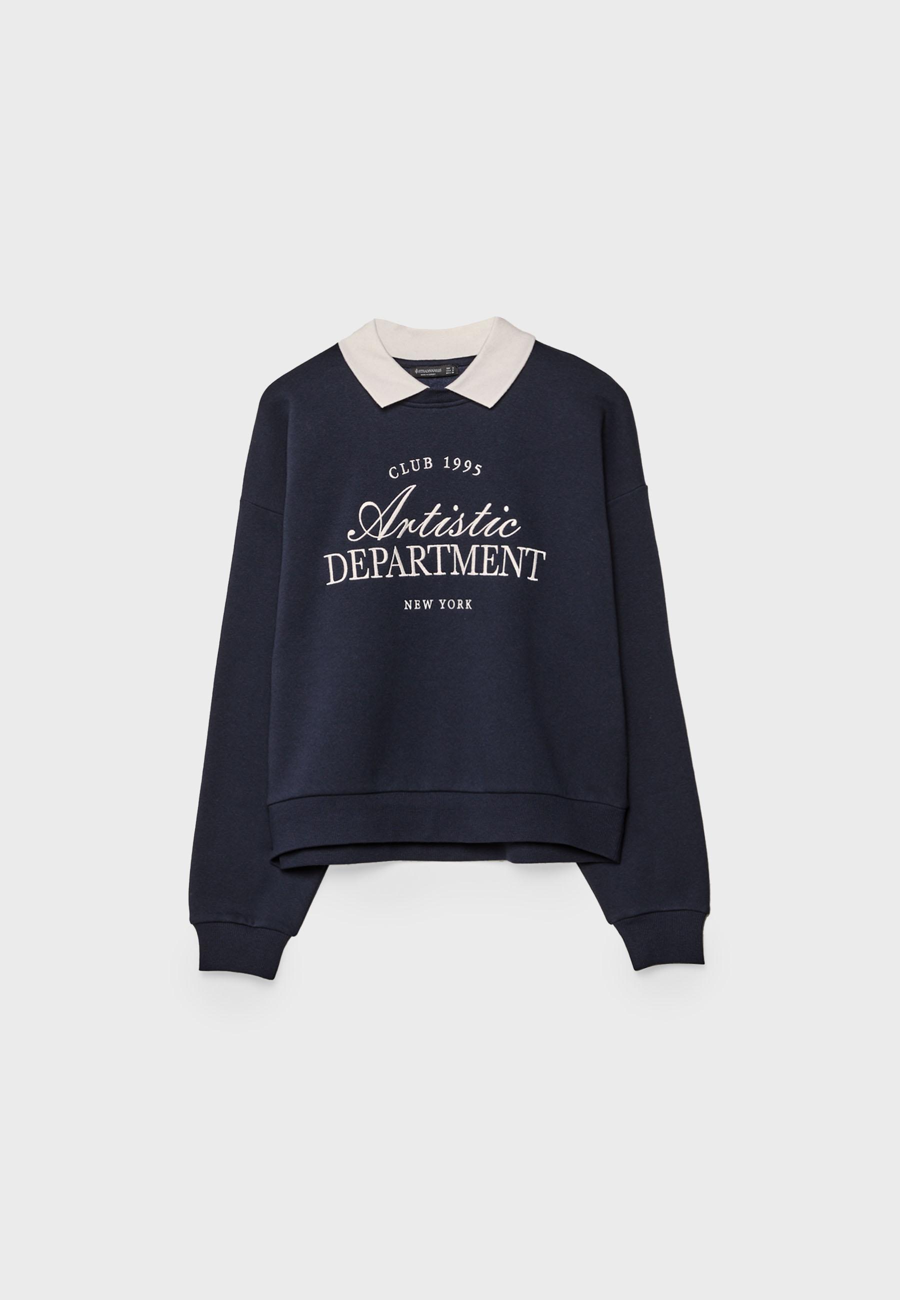 Embroidered polo collar sweatshirt — Dark blue