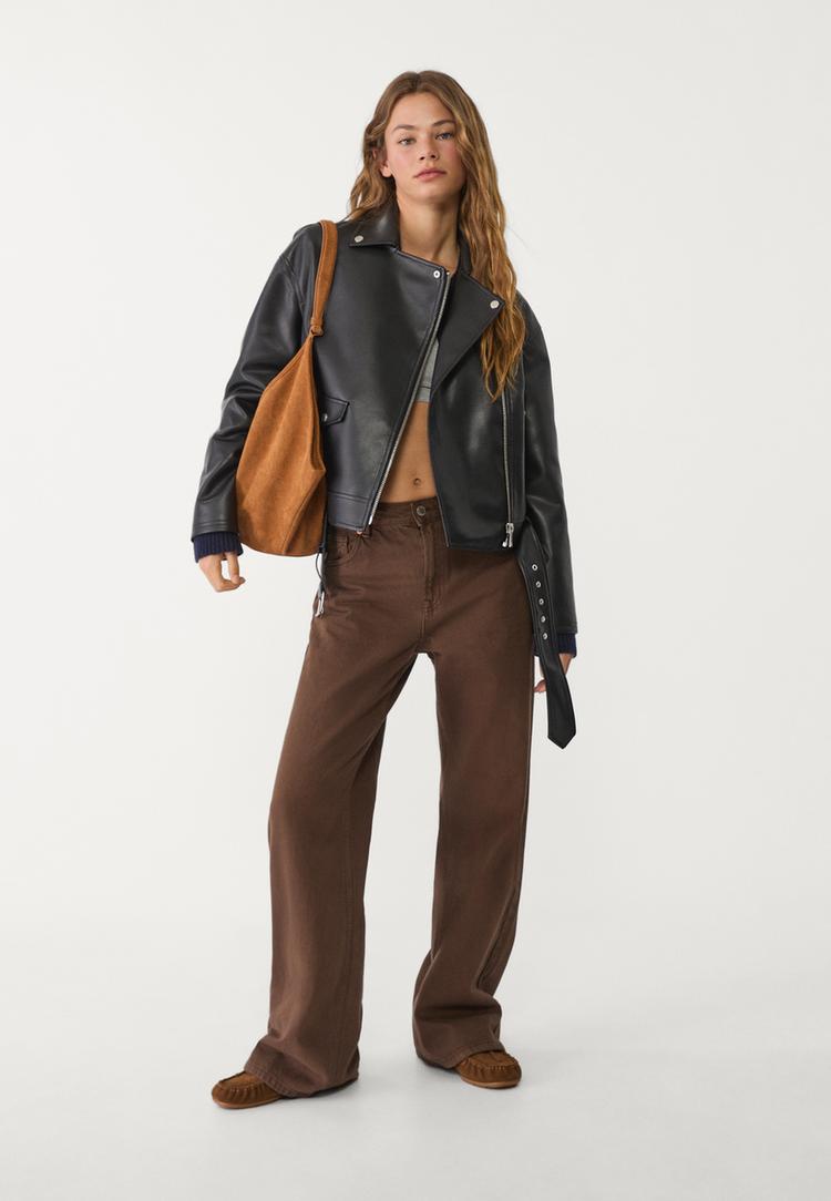 oversize suni deri biker ceket
