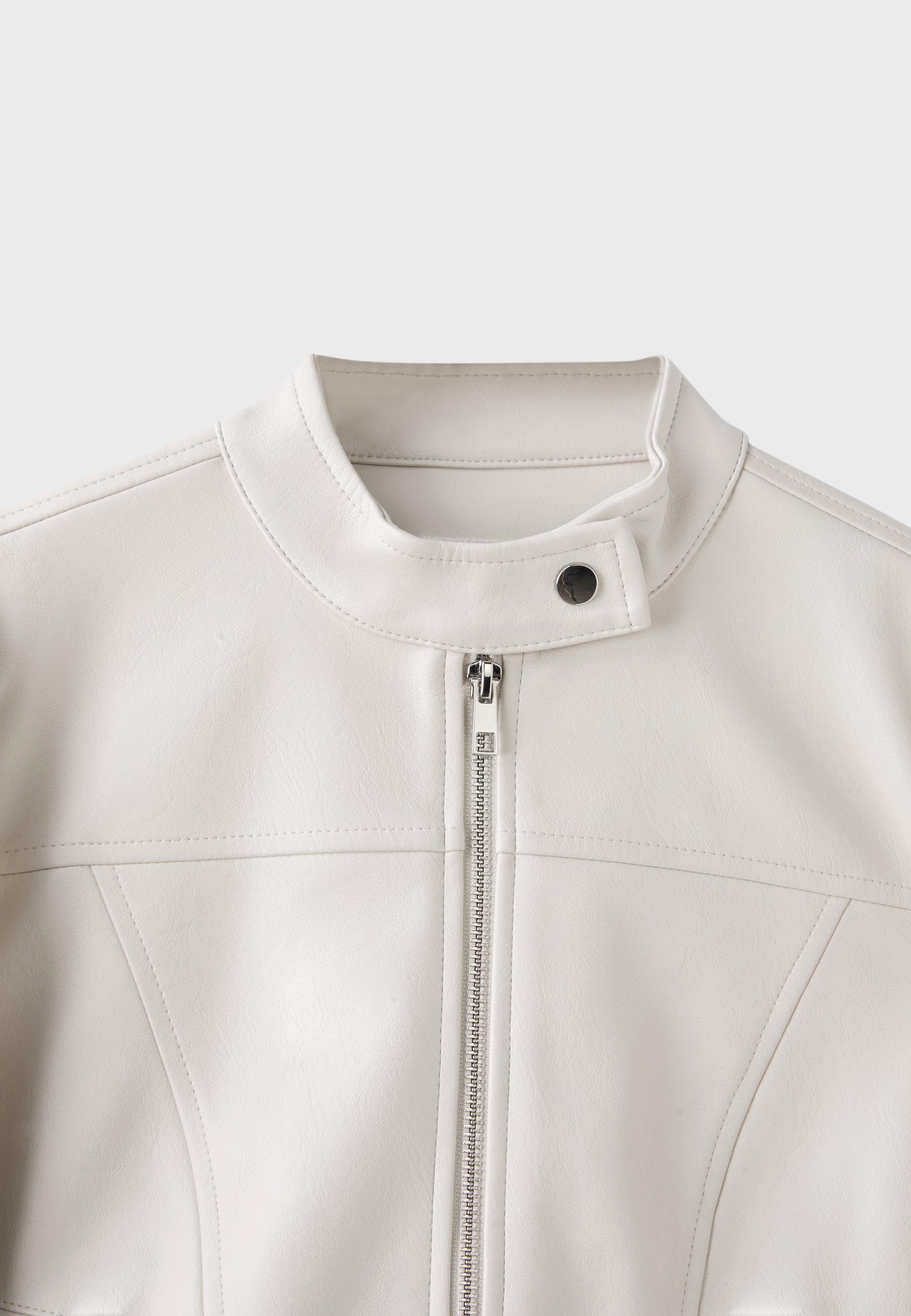Cropped leather effect biker jacket — Ecru