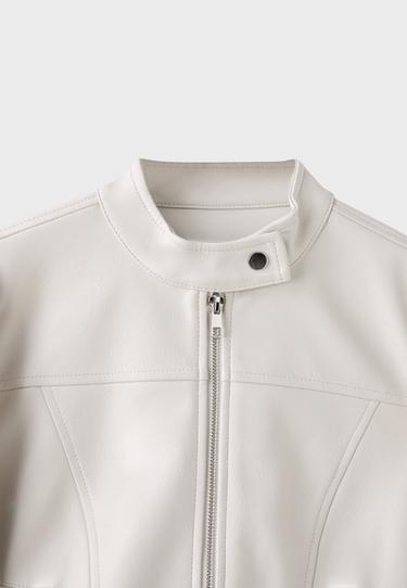 Cropped leather effect biker jacket — Ecru 9