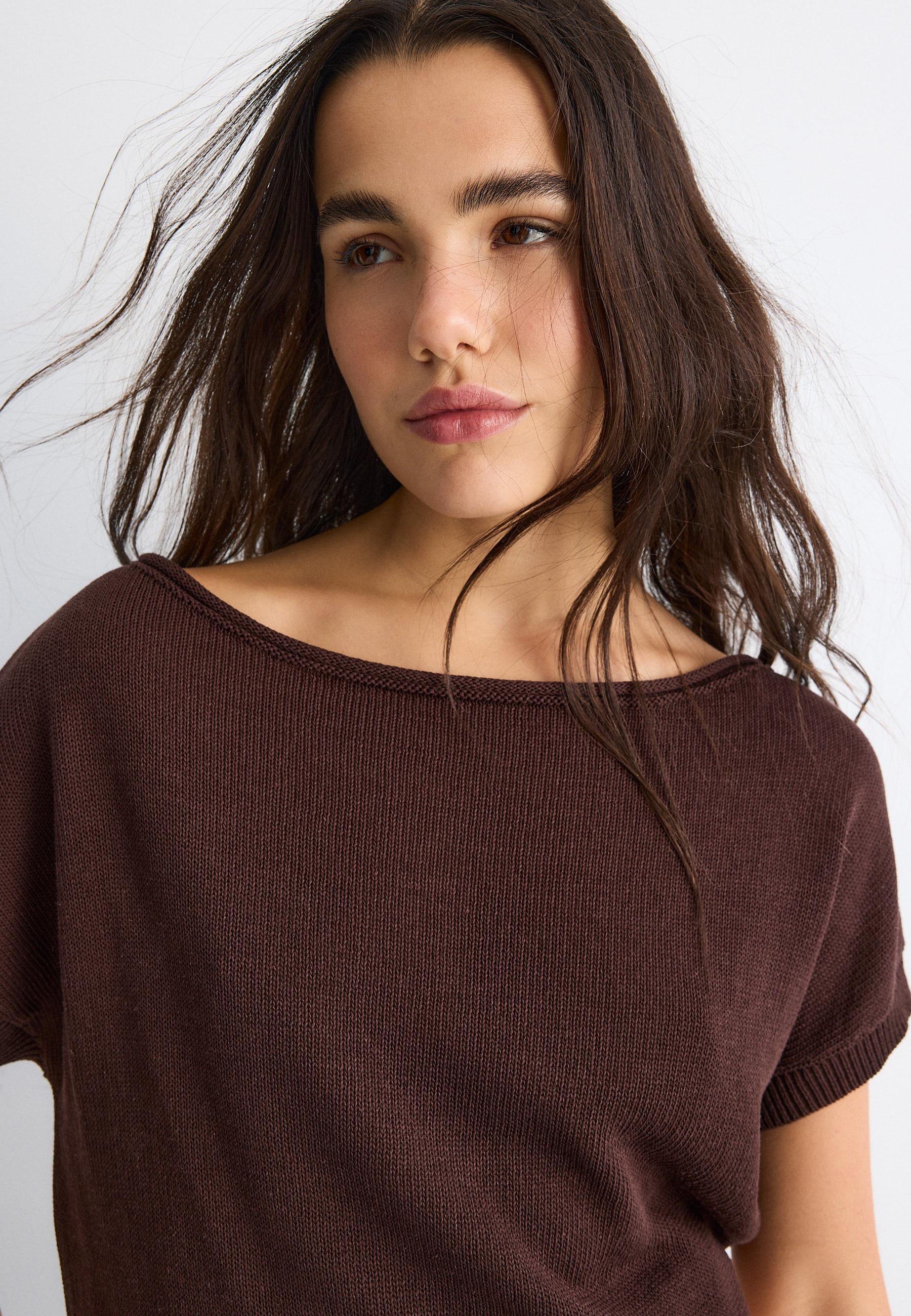 Rustic knit boat neck top — Brown