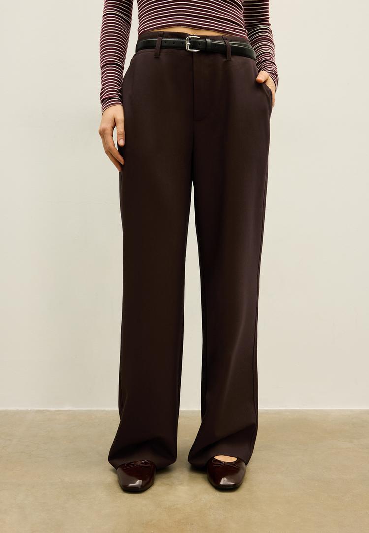 duz kesim dokumlu kemerli pantolon