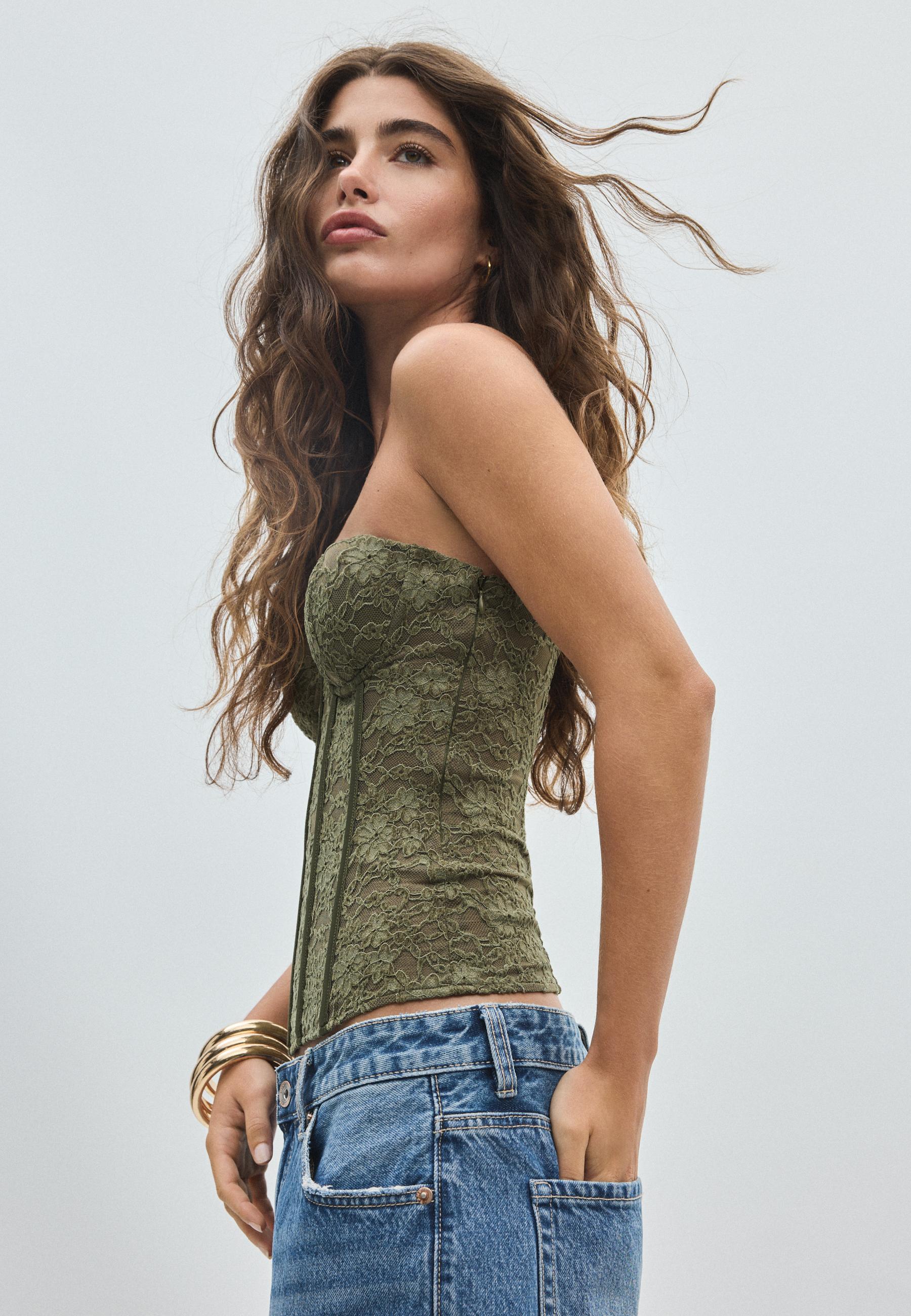 Lace corset top with stays — Khaki