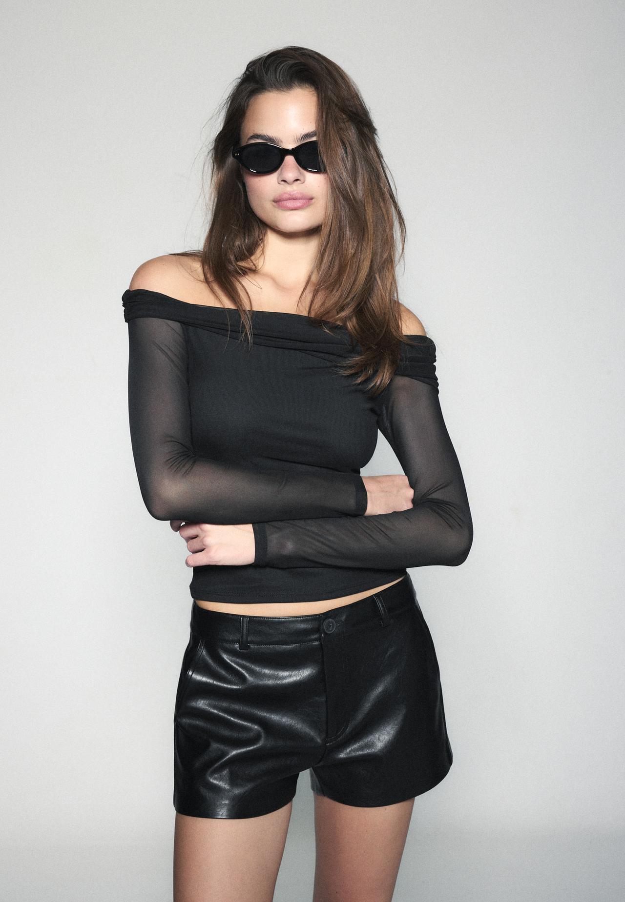 Asymmetric tulle T-shirt — Black