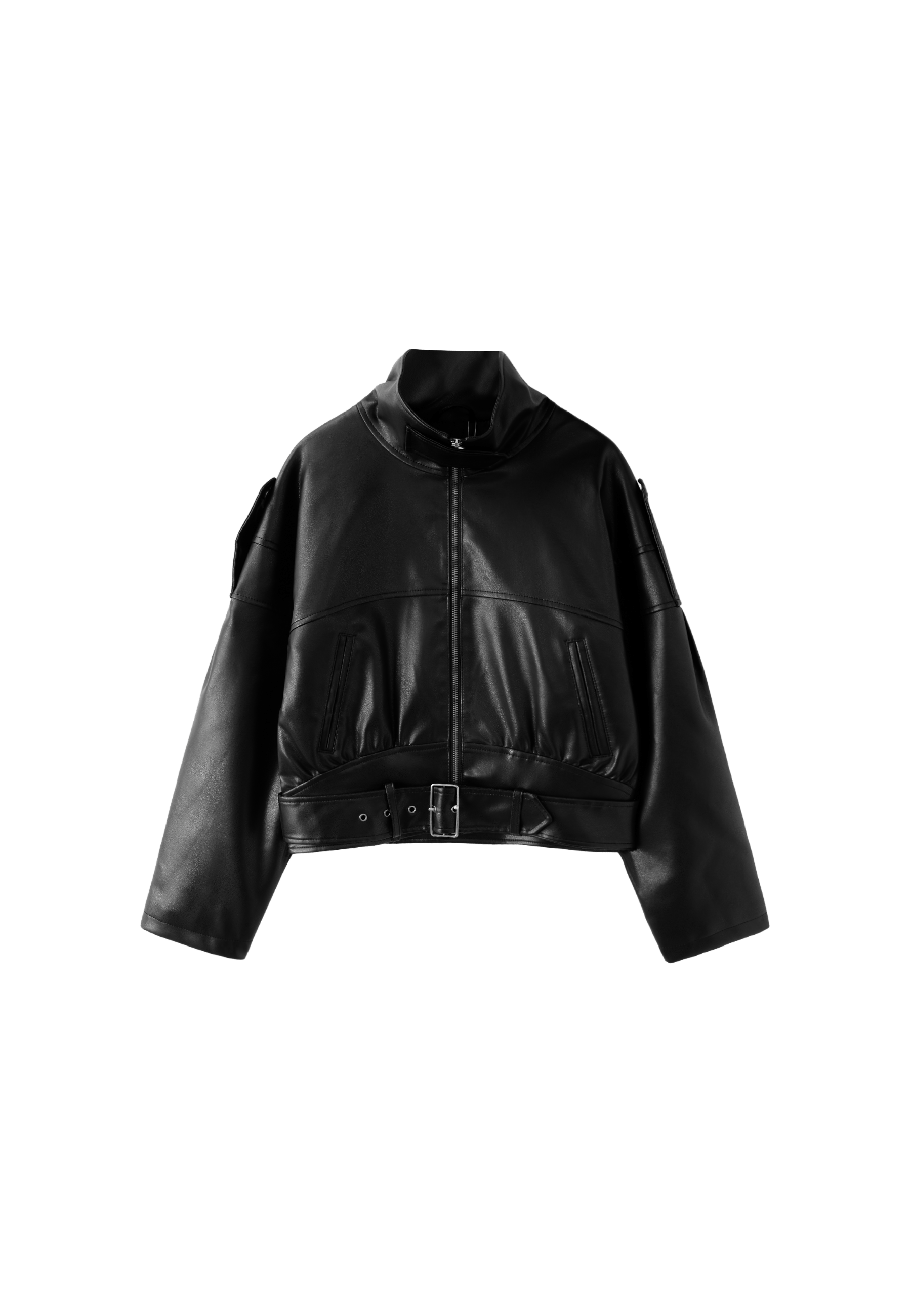 Leather effect belted cropped jacket — Black