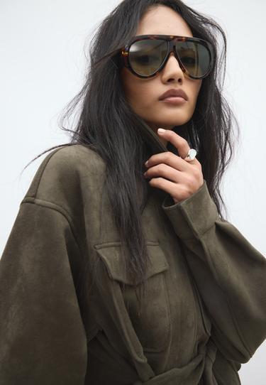 Cropped faux suede jacket — Khaki 6