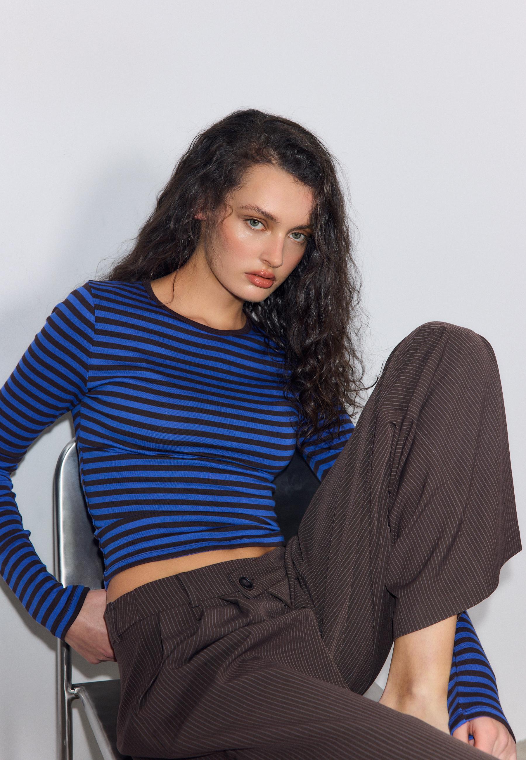 Basic long sleeve striped cotton t-shirt — Electric blue
