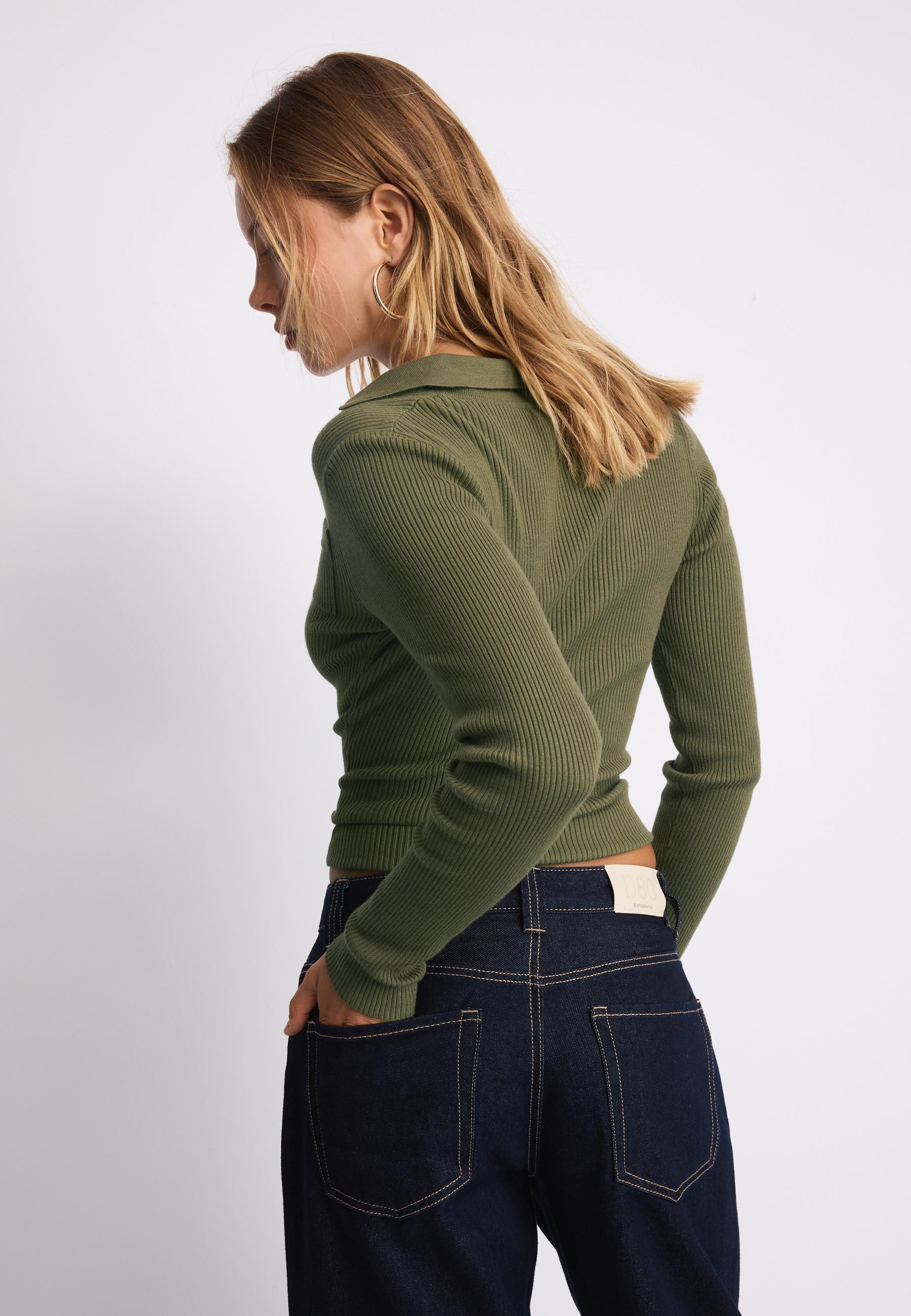 Polo collar knit jumper with pockets — Khaki