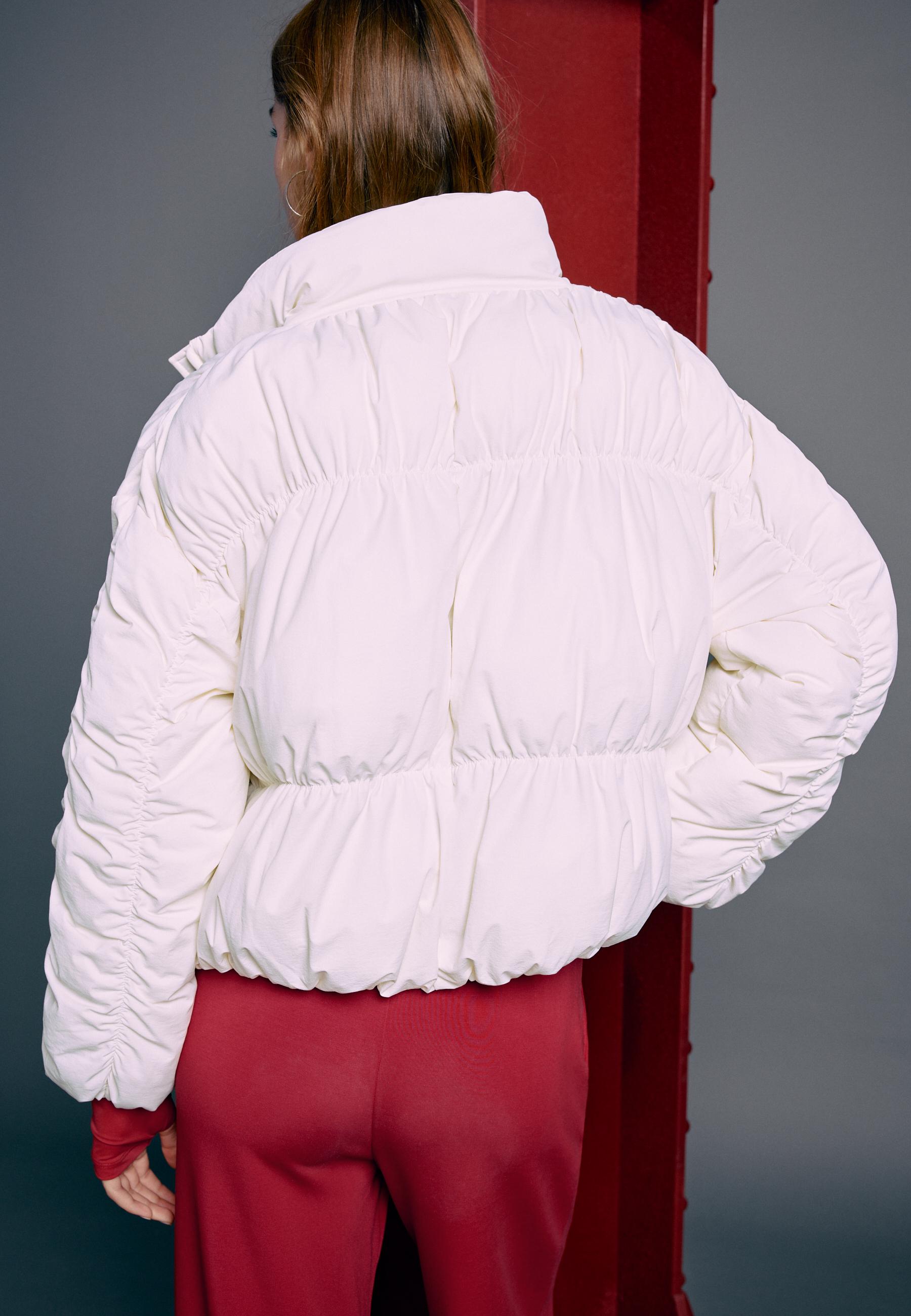 Padded jacket with high neck and gathered detail — Ecru