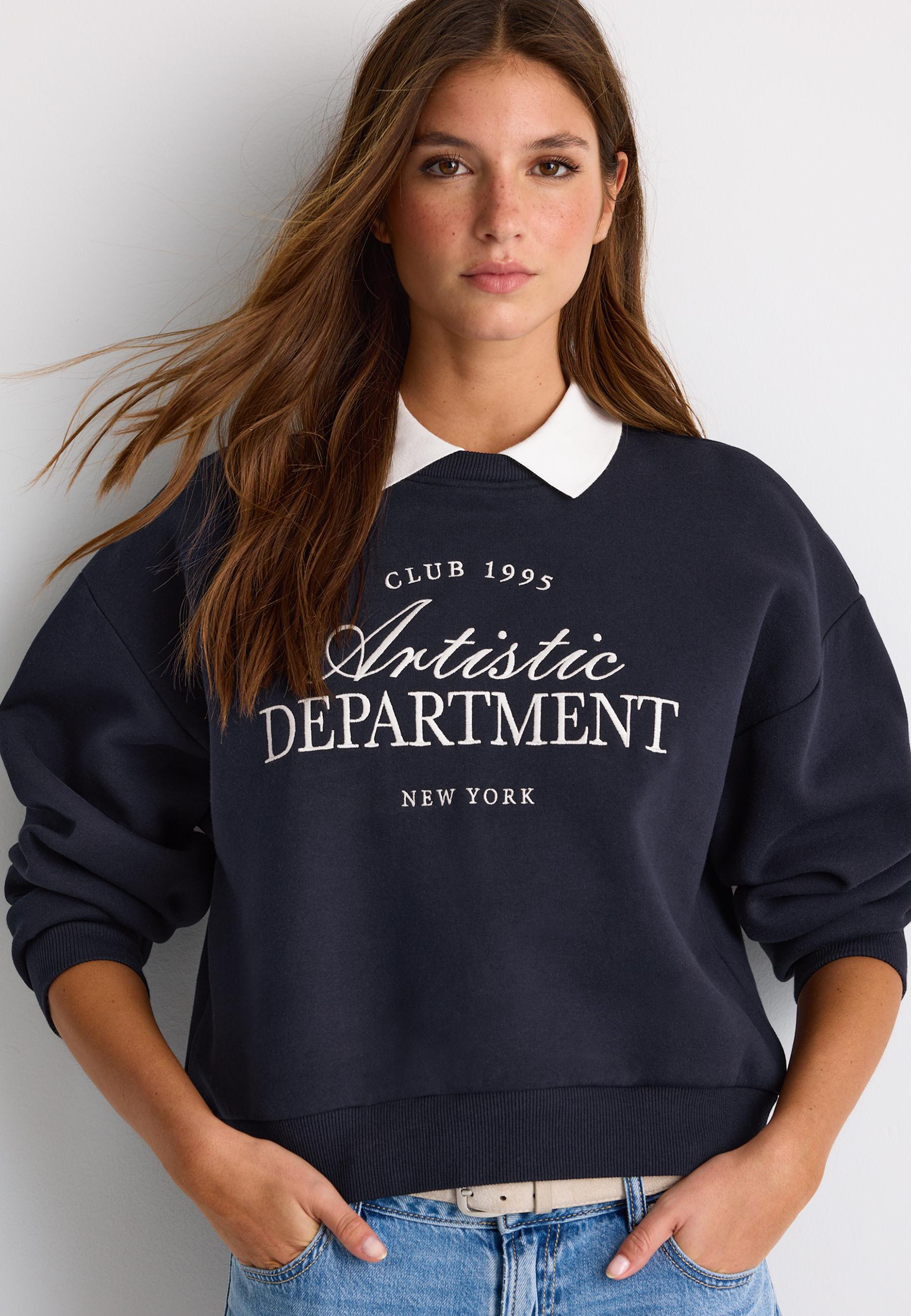 Embroidered polo collar sweatshirt — Dark blue