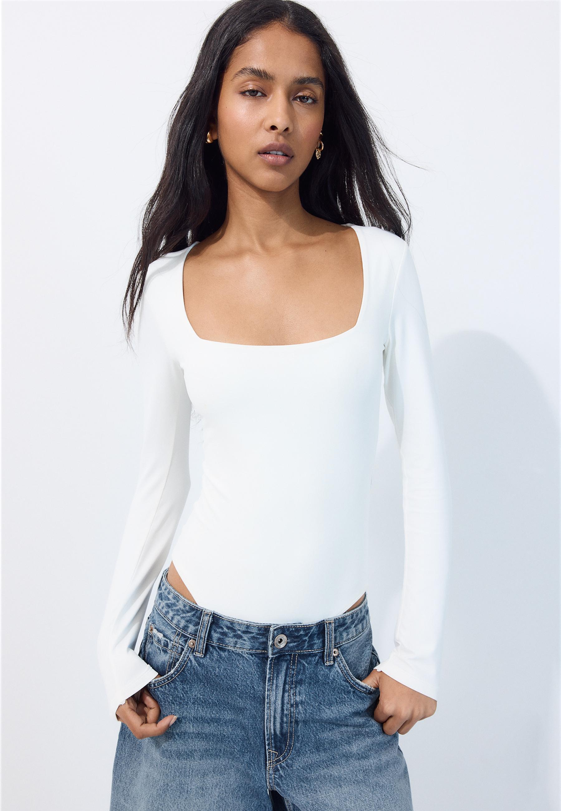 Long sleeve square neck bodysuit — Ecru