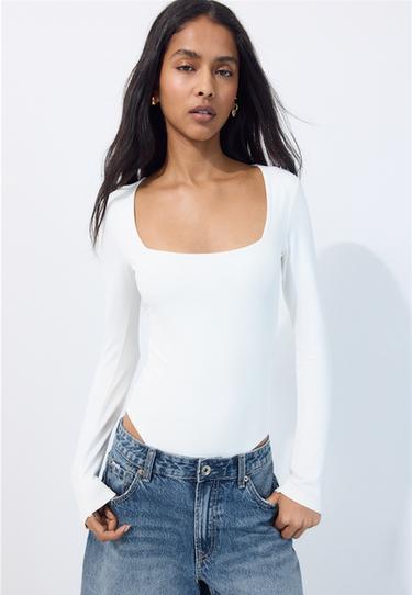 Long sleeve square neckline bodysuit — Ecru 1