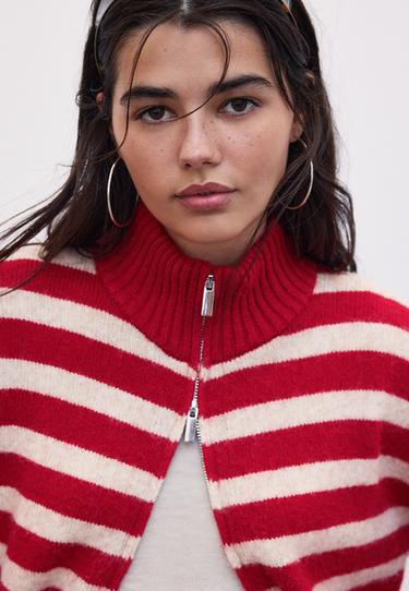 Striped zip-up knit cardigan — Red 4