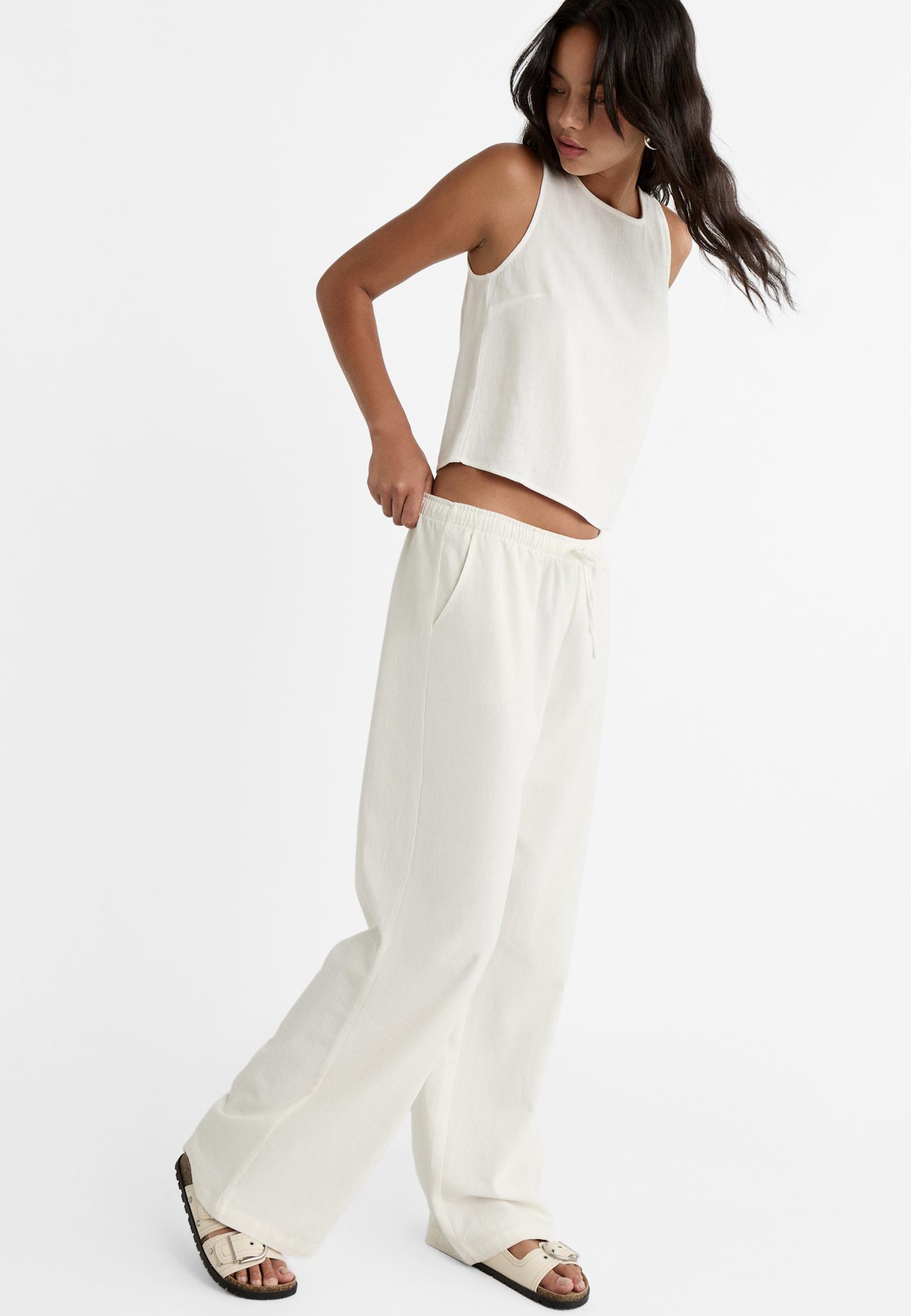 Straight-leg linen-look trousers — Ecru
