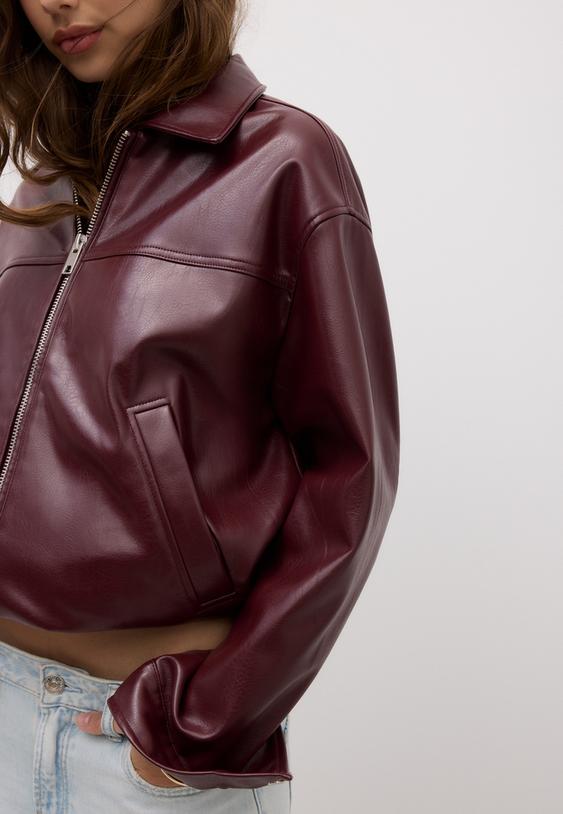 Stradivarius Geacă Oversize Din Imitație De Piele Grena Xs