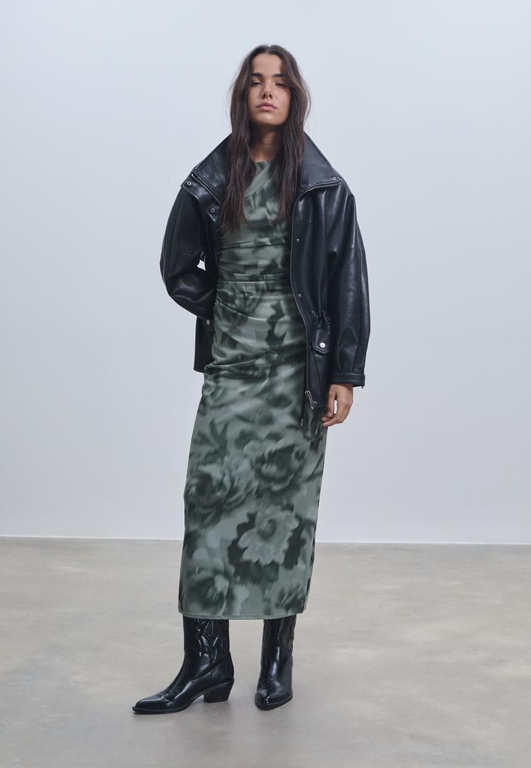 printed tulle midi dress