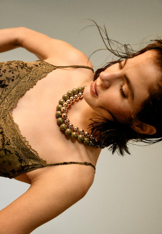 Stradivarius Set Of 2 Bead Necklaces Khaki Os