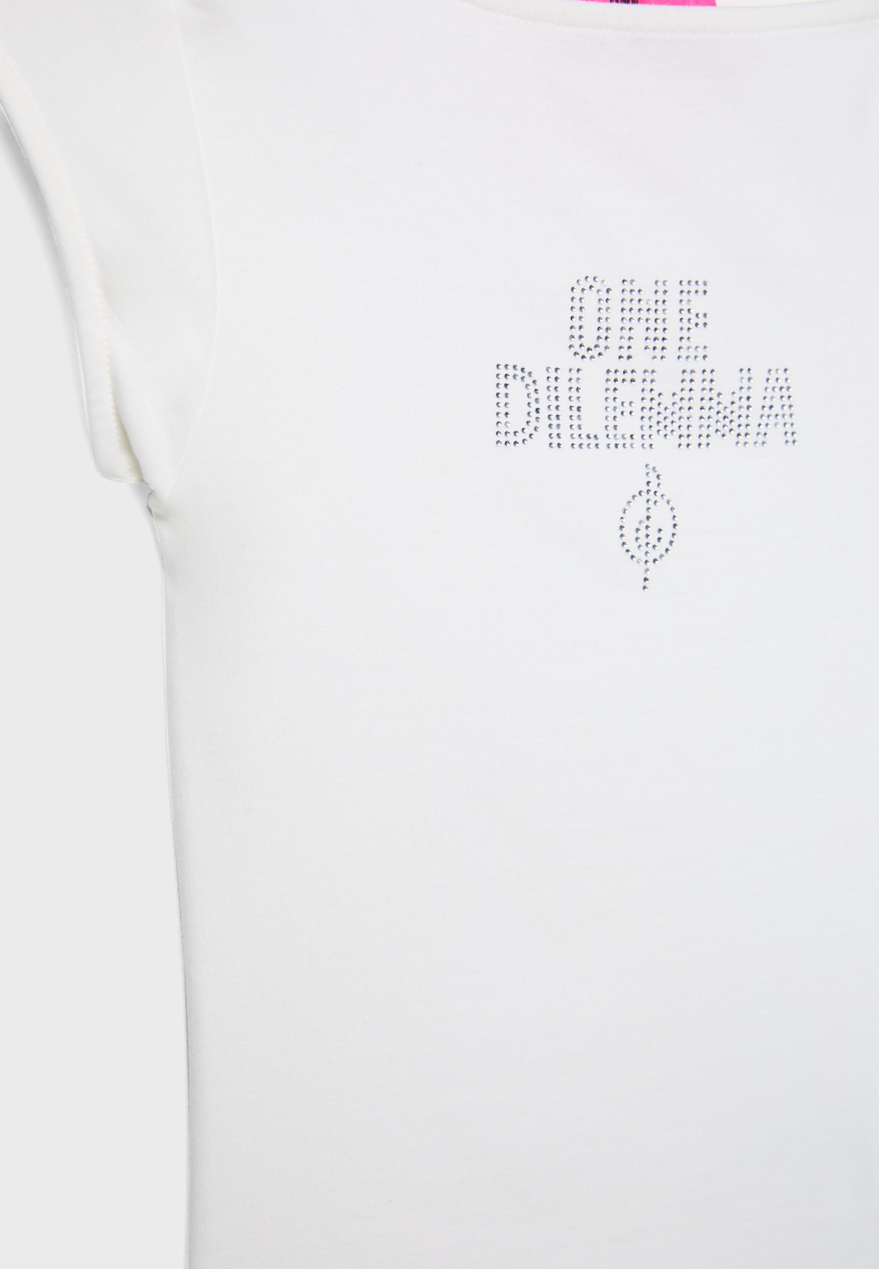 Boat neck short sleeve T-shirt with rhinestones One Dilemma — White