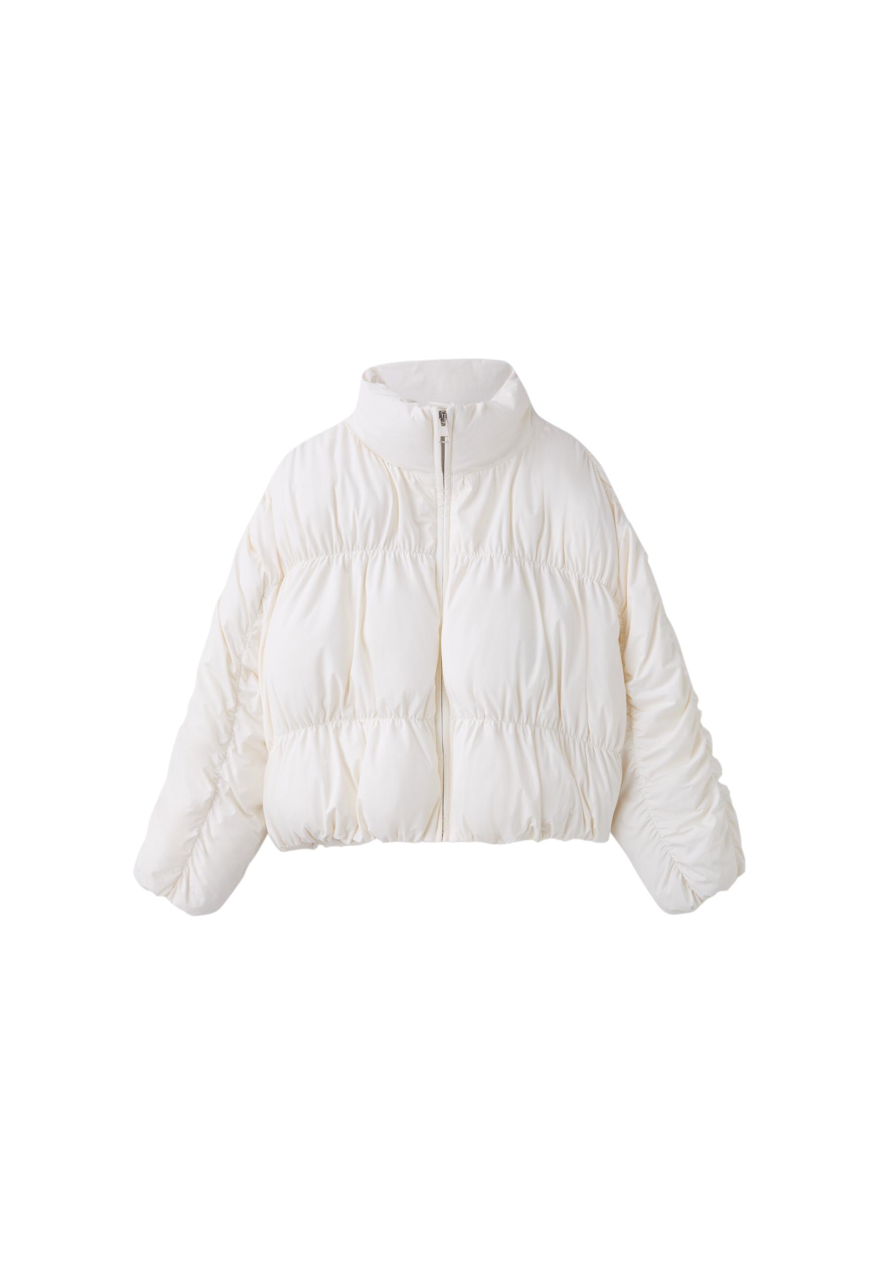 Padded jacket with high neck and gathered detail — Ecru