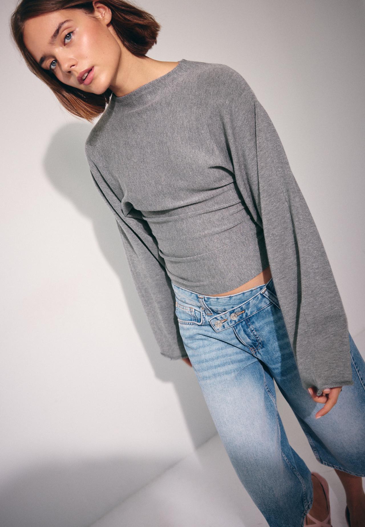 Knit jumper with kimono sleeves and stand collar — Dark grey
